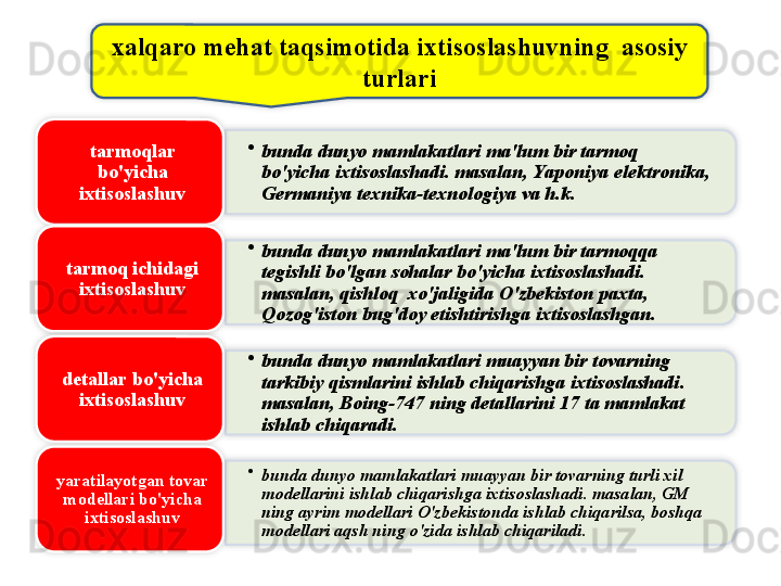 xalqaro   mehat   taqsimotida   ixtisoslashuvning    asosiy  
turlari
•
bunda   dunyo   mamlakatlari   ma ' lum   bir   tarmoq  
bo'yicha   ixtisoslashadi .  masalan ,  Y aponiya   elektronika , 
G ermaniya   texnika - texnologiya   va   h . k .tarmoqlar  
bo'yicha  
ixtisoslashuv
•
bunda   dunyo   mamlakatlari   ma ' lum   bir   tarmoqqa  
tegishli   bo'lgan   sohalar   bo'yicha   ixtisoslashadi . 
masalan ,  qishloq    xo'jaligida   O'zbekiston   paxta , 
Q ozog'iston   bug'doy   etishtirishga   ixtisoslashgan . tarmoq   ichidagi  
ixtisoslashuv
•
bunda   dunyo   mamlakatlari   muayyan   bir   tovarning  
tarkibiy   qismlarini   ishlab   chiqarishga   ixtisoslashadi . 
masalan ,  B oing -747  ning   detallarini  17  ta   mamlakat  
ishlab   chiqaradi .detallar   bo'yicha  
ixtisoslashuv
•
bunda   dunyo   mamlakatlari   muayyan   bir   tovarning   turli   xil  
modellarini   ishlab   chiqarishga   ixtisoslashadi .  masalan ,  GM 
ning   ayrim   modellari   O'zbekistonda   ishlab   chiqarilsa ,  boshqa  
modellari   aqsh   ning   o'zida   ishlab   chiqariladi .  yaratilayotgan   tovar  
modellari   bo'yicha  
ixtisoslashuv                  