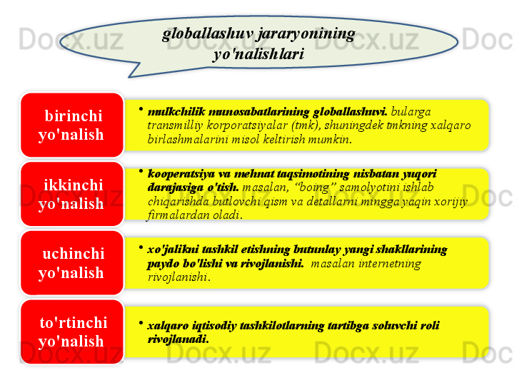 globallashuv   jararyonining  
yo'nalishlari
•
mulkchilik   munosabatlarining   globallashuvi .  bularga  
transmilliy   korporatsiyalar  ( tmk ),  shuningdek   tmkning   xalqaro  
birlashmalarini   misol   keltirish   mumkin .birinchi  
yo'nalish  
•
kooperatsiya   va   mehnat   taqsimotining   nisbatan   yuqori  
darajasiga   o'tish .  masalan , “ boing ”  samolyotini   ishlab  
chiqarishda   butlovchi   qism   va   detallarni   mingga   yaqin   xorijiy  
firmalardan   oladi . ikkinchi  
yo'nalish  
•
xo'jalikni   tashkil   etishning   butunlay   yangi   shakllarining  
paydo   bo'lishi   va   rivojlanishi .   masalan   internetning  
rivojlanishi .uchinchi  
yo'nalish  
•
xalqaro   iqtisodiy   tashkilotlarning   tartibga   soluvchi   roli  
rivojlanadi . to'rtinchi  
yo'nalish                    