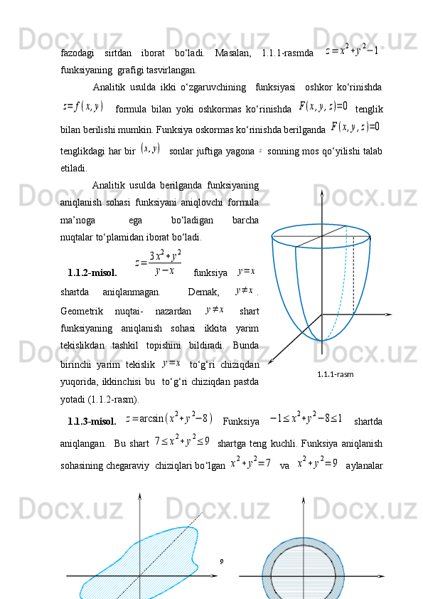 fazodagi   sirtdan   iborat   bo‘ladi.   Masalan,   1.1.1-rasmda  z=	x2+	y2−	1
funksiyaning  grafigi tasvirlangan.
              Analitik   usulda   ikki   o‘zgaruvchining     funksiyasi     oshkor   ko‘rinishda	
z=	f(x,y)
    formula   bilan   yoki   oshkormas   ko‘rinishda  	F(x,y,z)=0   tenglik
bilan berilishi mumkin. Funksiya oskormas ko‘rinishda berilganda 	
F(x,y,z)=0
tenglikdagi har bir  	
(x,y)    sonlar juftiga yagona  	z   sonning mos qo‘yilishi talab
etiladi.
              Analitik   usulda   berilganda   funksiyaning
aniqlanish   sohasi   funksiyani   aniqlovchi   formula
ma’noga               ega             bo‘ladigan         barcha
nuqtalar to‘plamidan iborat bo‘ladi. 
  1.1.2-misol.    	
z=	3x2+	y2	
y−	x   f unksiya  	y=	x
shartda   aniqlanmagan.     Demak,  	
y≠	x .
Geometrik   nuqtai-   nazardan  	
y≠	x   shart
funksiyaning   aniqlanish   sohasi   ikkita   yarim
tekislikdan   tashkil   topishini   bildiradi.   Bunda
birinchi   yarim   tekislik  	
y=	x   to ‘ g‘ri   chiziqdan
yuqorida,   ikkinchisi   bu     to ‘ g‘ri   chiziqdan   pastda
yotadi (1.1.2-rasm).
  1.1.3-misol.  	
z=	arcsin	(x2+	y2−	8)   Funksiya  	−	1≤	x2+	y2−	8≤	1   shartda
aniqlangan.     Bu   shart  	
7≤	x2+	y2≤	9   shartga   teng   kuchli.   Funksiya   aniqlanish
sohasining chegaraviy  chiziqlari bo ‘ lgan 	
x2+	y2=	7   va  	x2+	y2=	9   aylanalar
9 1.1.1-rasm 