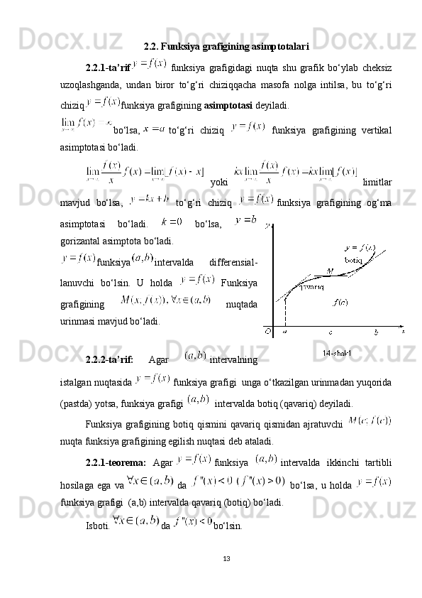 2.2.   Funksiya   grafigining   asimptotalari
2.2.1- ta ’ rif   funksiya   grafigidagi   nuqta   shu   grafik   bo ‘ ylab   cheksiz
uzoqlashganda ,   undan   biror   to ‘ g ‘ ri   chiziqqacha   masofa   nolga   intilsa ,   bu   to ‘ g ‘ ri
chiziq funksiya   grafigining   asimptotasi   deyiladi .
bo‘lsa,     to‘g‘ri   chiziq     funksiya   grafigining   vertikal
asimptotasi bo‘ladi.
  yoki     limitlar
mavjud   bo‘lsa,     to‘g‘ri   chiziq     funksiya   grafigining   og‘ma
asimptotasi   bo‘ladi.     bo‘lsa,  
gorizantal asimptota bo‘ladi.
funksiya intervalda   differensial-
lanuvchi   bo‘lsin.   U   holda     Funksiya
grafigining     nuqtada
urinmasi mavjud bo‘ladi.
2.2. 2-ta’rif :   Agar     intervalning
istalgan nuqtasida     funksiya grafigi     unga o‘tkazilgan urinmadan yuqorida
(pastda) yotsa, funksiya grafigi    intervalda  botiq  ( qavariq ) deyiladi.
Funksiya   grafigining  botiq   qismini   qavariq   qismidan   ajratuvchi  
nuqta funksiya grafigining  egilish nuqtasi  deb ataladi. 
2.2.1-teorema :   Agar     funksiya     intervalda   ikkinchi   tartibli
hosilaga   ega   va
  da     bo‘lsa,   u   holda  
funksiya grafigi  (a,b) intervalda qavariq (botiq) bo‘ladi.
Isboti. da   bo‘lsin. 
13 