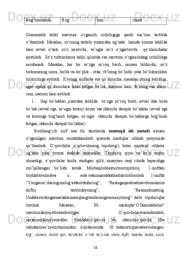 Bog‘bonchilik Bog‘ bon chilik
Grammatik   tahlil   mavzuni   o‘rganish   izchilligiga   qarab   ma’lum   tartibda
o‘tkaziladi.   Masalan,   so‘zning   tarkibi   yuzasidan   og‘zaki     hamda   yozma   tahlilda
ham   avval   o‘zak,   so‘z   yasovchi ,   so‘ngra   so‘z   o‘zgartuvchi     qo‘shimchalar
ajratiladi.  So‘z turkumlarini tahlil qilishda esa mavzuni o‘rganishdagi izchillikga
asoslanadi.   Masalan,   har   bir   so‘zga   so‘roq   berib,   nimani   bildirishi,   so‘z
turkumining nomi, birlik va ko‘plik - otda;  fe’lning bo‘lishli  yoki bo‘lishsizlikni
bildirishiga aytiladi.   Keyingi sinflarda esa qo‘shimcha, masalan otning kelishigi,
agar   egalik   qo‘shimchasi   bilan   kelgan   bo‘lsa,   shaxsini   ham;   fe’lning   esa   shaxs-
soni, zamoni ham aytiladi. 
1. Gap   bo‘laklari   jixatidan   tahlilda     so‘zga   so‘roq   berib,   avval   ikki   bosh
bo‘lak (avval ega, so‘ngra kesim) keyin esa ikkinchi darajali bo‘laklar (avval ega
va   kesimga   bog‘lanib   kelgan,   so‘ngra     ikkinchi   darajali   bo‘laklarga   bog‘lanib
kelgan, ikkinchi darajali bo‘laklar). 
Boshlang‘ich   sinf   ona   tili   darslarida   mustaqil   ish   metodi   asosan
o’rganilgan   mavzuni   mustahkamlash   qismida   mashqlar   ishlash   jarayonida
qo’llaniladi.   O’quvchilar   o’qituvchining   topshirig‘i   bilan   mustaqil   ishlarni
og‘zaki   yoki   yozma   shaklda   bajaradilar.   Topshiriq   qiyin   va   ko’p   vaqtni
olmasligi,   o’quvchilar   kuchi   etadigan   qilib,   muayyan   vaqt   ichida   bajarishga
mo’ljallangan   bo’lishi   kerak.   Mustaqilishlashuchuntopshiriq     1-sinfdan
boshlabberiladiva     u     asta-sekinmarakkablashtirilibboriladi.   1-sinfda
“Yozganso’zlaringiznilug‘atdantekshiring”,   “Rasmgaqarabsabzavotnomlarini
alifbo   tartibidayozing”,   “Rasmnikuzating.
Undatasvirlangannarsalarnianiqlangvaularningnominiyozing”   kabi   topshiriqlar
beriladi.   Masalan,   88-   mashqda“O’lkamdabahor”
mavzusidasyujetlirasmberilgan.   O’quvchilarrasmnikuzatib,
narsanomlariniyozadilar.   Bundabiro’quvchi   5ta,   ikkinchio’quvchi   10ta
vahokazoso’zyozishimumkin.   Aslidarasmda     30   tadanortiqnarsatasvirlangan:
tog‘, osmon, bulut, qor, terak,tol, o’rik, ko’ylak, shim, tufli, mayka, lenta, soch,
18 