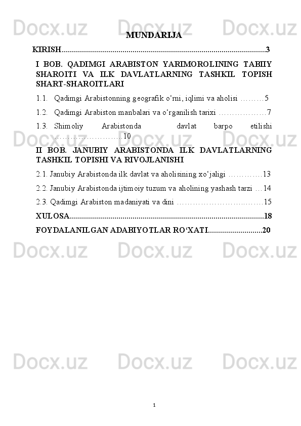 MUNDARIJA
KIRISH.....................................................................................................3
I   BOB.   QADIMGI   ARABISTON   YARIMOROLINING   TABIIY
SHAROITI   VA   ILK   DAVLATLARNING   TASHKIL   TOPISH
SHART-SHAROITLARI
1.1. Qadimgi Arabistonning g eografik o‘rni, iqlimi va aholisi ………5
1.2. Qadimgi Arabiston manbalari va o‘rganilish tarixi  ………………7
1.3. Shimoliy   Arabistonda     davlat   barpo   etilishi
……………………..10
II   BOB.   JANUBIY   ARABISTONDA   ILK   DAVLATLARNING
TASHKIL TOPISHI VA RIVOJLANISHI
2.1.  Janubiy Arabistonda ilk davlat va aholisining xo‘jaligi  ………….13
2.2.  Janubiy Arabistonda ijtimoiy tuzum va aholining yashash tarzi  …14
2.3.  Qadimgi Arabiston madaniyati va dini  ……………………..…….15
XULOSA................................................................................................18
FOYDALANILGAN ADABIYOTLAR RO‘XATI...........................20
1