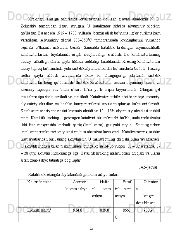 Krekingni   amalga   oshirishda   katalizatorlar   qo’llash   g’oyasi   akademik   N.   D.
Zelinskiy   tomonidan   ilgari   surilgan.   U   katalizator   sifatida   alyuminiy   xloridni
qo’llagan. Bu asosda 1919 – 1920  yillarda  benzin olish bo’yicha ilg’or qurilma ham
yaratilgan.   Alyuminiy   xlorid   200–250 0
C   temperaturada   krekinglashni   yumshoq
rejimda   o’tkazish   imkonini   beradi.   Sanoatda   katalitik   krekingda   alyumosilikatli
katalizatorlardan   foydalanish   orqali   rivojlanishga   erishildi.   Bu   katalizatorlarning
asosiy     afzalligi,   ularni   qayta   tiklash   soddaligi   hisoblanadi.   Kreking   katalizatorlari
tabiiy tuproq ko’rinishida yoki sintetik alyumosilikatlar ko’rinishida bo’ladi. Hozirgi
neftni   qayta   ishlash   zavodlarida   aktiv   va   oltingugurtga   chidamli   sintetik
katalizatorlar   keng   qo’llaniladi.   Sintetik   katalizatorlar   asosan   alyuminiy   tuzini   va
kremniy   tuproqni   suv   bilan   o’zaro   ta`sir   yo`li   orqali   tayyorlanadi.   Olingan   gel
aralashmasiga shakl beriladi va quritiladi. Katalizator tarkibi odatda undagi kremniy,
alyuminiy   oksidlari   va   boshka   komponentlarni   suvsiz   miqdoriga   ko’ra   aniqlanadi.
Katalizator asosiy massasini kremniy oksidi va 10 – 15% alyuminiy oksidlari tashkil
etadi. Katalitik kreking – geterogen katalizni bir ko’rinishi bo’lib, unda reaktsiyalar
ikki faza chegarasida kechadi:  qattiq (katalizator), gaz yoki suyuq.   Shuning uchun
katalizator strukturasi va yuzasi muhim ahamiyat kasb etadi. Katalizatorning muhim
hususiyatlaridan biri, uning aktivligidir. U mahsulotning chiqishi bilan tavsiflanadi.
U aktivlik indeksi bilan tushintiriladi, bunga ko’ra 34-35 yuqori, 28 – 32 o’rtacha, 27
– 28 quyi aktivlik indekslariga ega. Katalitik kreking mahsulotlari chiqishi va ularni
sifati xom-ashyo tabiatiga bog’liqdir.
                                                                                                            14.5-jadval
Katalitik krekingda foydalaniladigan xom-ashyo turlari
Ko’rsatkichlar Aromati
k  xom ashyo Nafte
nli   xom
ashyo Paraf
inli   xom
ashyo Gidrotoz
a-
langan
deasfaltizat
Zichlik, kg/m 3
934,0 829,0 855,
0 930,9
22 