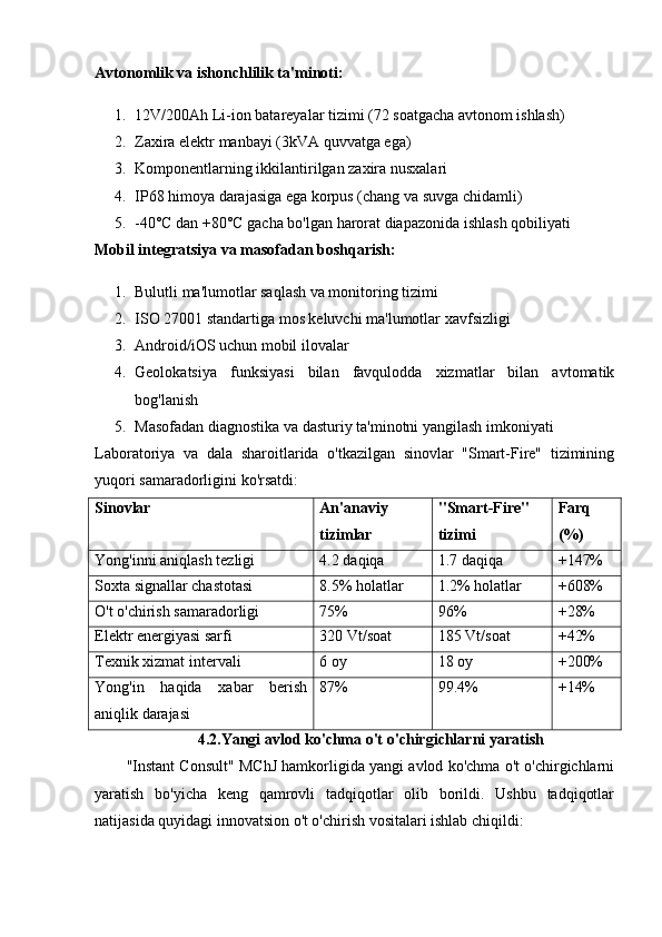 Avtonomlik va ishonchlilik ta'minoti:
1. 12V/200Ah Li-ion batareyalar tizimi (72 soatgacha avtonom ishlash)
2. Zaxira elektr manbayi (3kVA quvvatga ega)
3. Komponentlarning ikkilantirilgan zaxira nusxalari
4. IP68 himoya darajasiga ega korpus (chang va suvga chidamli)
5. -40°C dan +80°C gacha bo'lgan harorat diapazonida ishlash qobiliyati
Mobil integratsiya va masofadan boshqarish:
1. Bulutli ma'lumotlar saqlash va monitoring tizimi
2. ISO 27001 standartiga mos keluvchi ma'lumotlar xavfsizligi
3. Android/iOS uchun mobil ilovalar
4. Geolokatsiya   funksiyasi   bilan   favqulodda   xizmatlar   bilan   avtomatik
bog'lanish
5. Masofadan diagnostika va dasturiy ta'minotni yangilash imkoniyati
Laboratoriya   va   dala   sharoitlarida   o'tkazilgan   sinovlar   "Smart-Fire"   tizimining
yuqori samaradorligini ko'rsatdi:
Sinovlar An'anaviy
tizimlar "Smart-Fire"
tizimi Farq
(%)
Yong'inni aniqlash tezligi 4.2 daqiqa 1.7 daqiqa +147%
Soxta signallar chastotasi 8.5% holatlar 1.2% holatlar +608%
O't o'chirish samaradorligi 75% 96% +28%
Elektr energiyasi sarfi 320 Vt/soat 185 Vt/soat +42%
Texnik xizmat intervali 6 oy 18 oy +200%
Yong'in   haqida   xabar   berish
aniqlik darajasi 87% 99.4% +14%
4.2.Yangi avlod ko'chma o't o'chirgichlarni yaratish
"Instant Consult" MChJ hamkorligida yangi avlod ko'chma o't o'chirgichlarni
yaratish   bo'yicha   keng   qamrovli   tadqiqotlar   olib   borildi.   Ushbu   tadqiqotlar
natijasida quyidagi innovatsion o't o'chirish vositalari ishlab chiqildi: 
