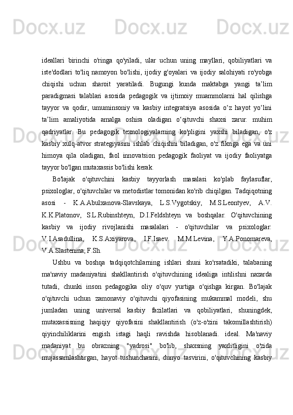 ideallari   birinchi   o'ringa   qo'yiladi,   ular   uchun   uning   mayllari,   qobiliyatlari   va
iste'dodlari   to'liq   namoyon   bo'lishi,   ijodiy   g'oyalari   va   ijodiy   salohiyati   ro'yobga
chiqishi   uchun   sharoit   yaratiladi.   Bugungi   kunda   maktabga   yangi   ta’lim
paradigmasi   talablari   asosida   pedagogik   va   ijtimoiy   muammolarni   hal   qilishga
tayyor   va   qodir,   umuminsoniy   va   kasbiy   integratsiya   asosida   o‘z   hayot   yo‘lini
ta’lim   amaliyotida   amalga   oshira   oladigan   o‘qituvchi   shaxsi   zarur.   muhim
qadriyatlar.   Bu   pedagogik   texnologiyalarning   ko'pligini   yaxshi   biladigan,   o'z
kasbiy   xulq-atvor   strategiyasini   ishlab   chiqishni   biladigan,   o'z   fikriga   ega   va   uni
himoya   qila   oladigan,   faol   innovatsion   pedagogik   faoliyat   va   ijodiy   faoliyatga
tayyor bo'lgan mutaxassis bo'lishi kerak.
Bo'lajak   o'qituvchini   kasbiy   tayyorlash   masalasi   ko'plab   faylasuflar,
psixologlar, o'qituvchilar va metodistlar tomonidan ko'rib chiqilgan. Tadqiqotning
asosi   -   K.A.Abulxanova-Slavskaya,   L.S.Vygotskiy,   M.S.Leontyev,   A.V.
K.K.Platonov,   S.L.Rubinshteyn,   D.I.Feldshteyn   va   boshqalar.   O'qituvchining
kasbiy   va   ijodiy   rivojlanishi   masalalari   -   o'qituvchilar   va   psixologlar:
V.I.Asadullina,   K.S.Axiyarova,   I.F.Isaev.   M.M.Levina,   Y.A.Ponomareva,
V.A.Slastenina, F.Sh.
Ushbu   va   boshqa   tadqiqotchilarning   ishlari   shuni   ko'rsatadiki,   talabaning
ma'naviy   madaniyatini   shakllantirish   o'qituvchining   idealiga   intilishni   nazarda
tutadi,   chunki   inson   pedagogika   oliy   o'quv   yurtiga   o'qishga   kirgan.   Bo'lajak
o'qituvchi   uchun   zamonaviy   o'qituvchi   qiyofasining   mukammal   modeli,   shu
jumladan   uning   universal   kasbiy   fazilatlari   va   qobiliyatlari,   shuningdek,
mutaxassisning   haqiqiy   qiyofasini   shakllantirish   (o'z-o'zini   takomillashtirish)
qiyinchiliklarini   engish   istagi   haqli   ravishda   hisoblanadi.   ideal.   Ma'naviy
madaniyat   bu   obrazning   "yadrosi"   bo'lib,   shaxsning   yaxlitligini   o'zida
mujassamlashtirgan,   hayot   tushunchasini,   dunyo   tasvirini,   o'qituvchining   kasbiy 