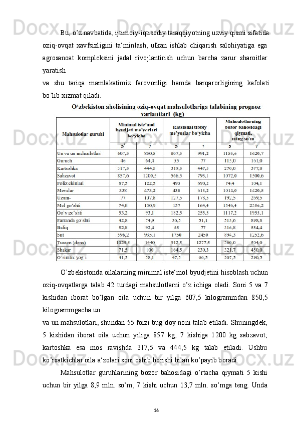 Bu, o’z navbatida, ijtimoiy-iqtisodiy taraqqiyotning uzviy qismi sifatida
oziq-ovqat   xavfsizligini   ta‘minlash,   ulkan   ishlab   chiqarish   salohiyatiga   ega
agrosanoat   kompleksini   jadal   rivojlantirish   uchun   barcha   zarur   sharoitlar
yaratish
va   shu   tariqa   mamlakatimiz   farovonligi   hamda   barqarorligining   kafolati
bo’lib xizmat qiladi.
O’zbekistonda oilalarning minimal iste‘mol byudjetini hisoblash uchun
oziq-ovqatlarga  talab   42 turdagi  mahsulotlarni o’z ichiga oladi. Soni  5 va  7
kishidan   iborat   bo’lgan   oila   uchun   bir   yilga   607,5   kilogrammdan   850,5
kilogrammgacha un
va un mahsulotlari, shundan 55 foizi bug’doy noni talab etiladi. Shuningdek,
5   kishidan   iborat   oila   uchun   yiliga   857   kg,   7   kishiga   1200   kg   sabzavot;
kartoshka   esa   mos   ravishda   317,5   va   444,5   kg   talab   etiladi.   Ushbu
ko’rsatkichlar oila a‘zolari soni oshib borishi bilan ko’payib boradi.
Mahsulotlar   guruhlarining   bozor   bahosidagi   o’rtacha   qiymati   5   kishi
uchun   bir  yilga   8,9   mln.  so’m,  7   kishi  uchun   13,7   mln.  so’mga   teng.  Unda
16 