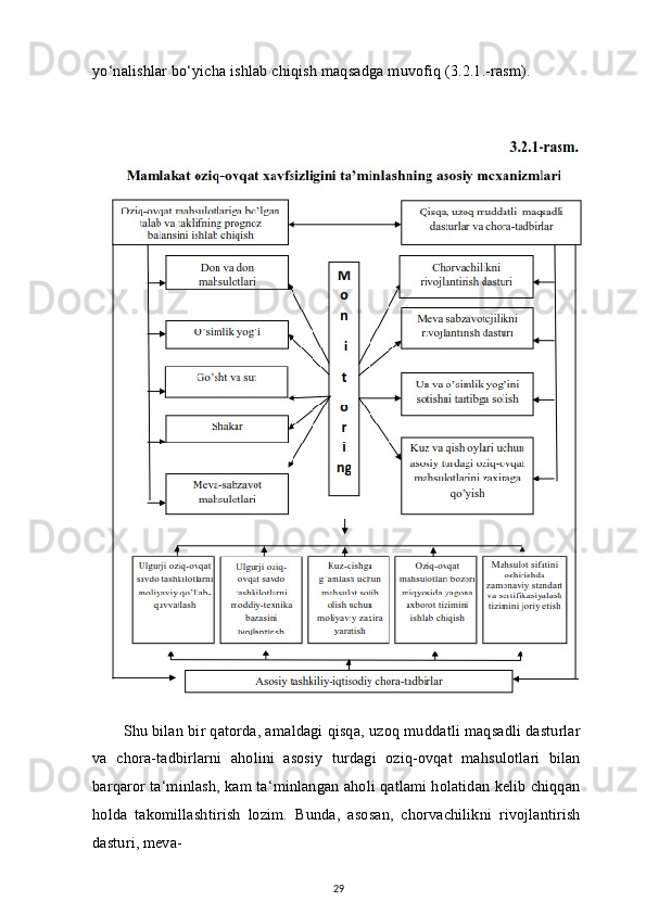 yo‘nalishlar bo‘yicha ishlab chiqish maqsadga muvofiq (3.2.1.-rasm).
Shu bilan bir qatorda, amaldagi qisqa, uzoq muddatli maqsadli dasturlar
va   chora-tadbirlarni   aholini   asosiy   turdagi   oziq-ovqat   mahsulotlari   bilan
barqaror ta‘minlash, kam ta‘minlangan aholi qatlami holatidan kelib chiqqan
holda   takomillashtirish   lozim.   Bunda,   asosan,   chorvachilikni   rivojlantirish
dasturi, meva-
29 