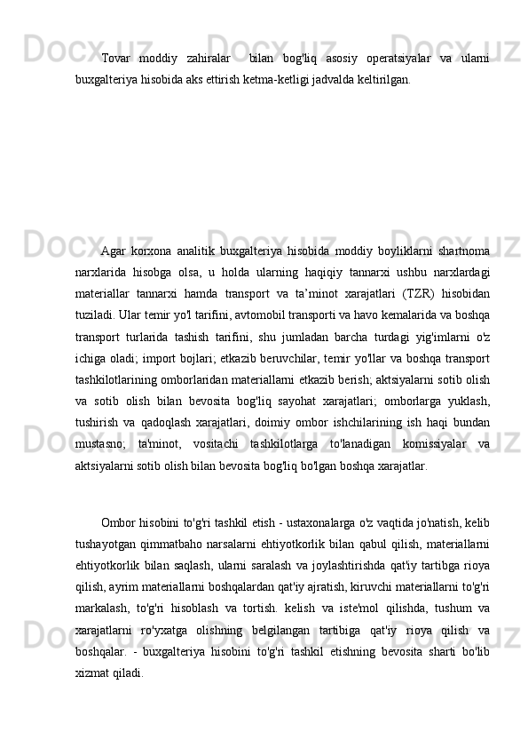 Tovar   moddiy   zahiralar     bilan   bog'liq   asosiy   operatsiyalar   va   ularni
buxgalteriya hisobida aks ettirish ketma-ketligi jadvalda keltirilgan.
Agar   korxona   analitik   buxgalteriya   hisobida   moddiy   boyliklarni   shartnoma
narxlarida   hisobga   olsa,   u   holda   ularning   haqiqiy   tannarxi   ushbu   narxlardagi
materiallar   tannarxi   hamda   transport   va   ta’minot   xarajatlari   (TZR)   hisobidan
tuziladi. Ular temir yo'l tarifini, avtomobil transporti va havo kemalarida va boshqa
transport   turlarida   tashish   tarifini,   shu   jumladan   barcha   turdagi   yig'imlarni   o'z
ichiga oladi;  import  bojlari;  etkazib beruvchilar, temir yo'llar  va boshqa  transport
tashkilotlarining omborlaridan materiallarni etkazib berish; aktsiyalarni sotib olish
va   sotib   olish   bilan   bevosita   bog'liq   sayohat   xarajatlari;   omborlarga   yuklash,
tushirish   va   qadoqlash   xarajatlari,   doimiy   ombor   ishchilarining   ish   haqi   bundan
mustasno;   ta'minot,   vositachi   tashkilotlarga   to'lanadigan   komissiyalar   va
aktsiyalarni sotib olish bilan bevosita bog'liq bo'lgan boshqa xarajatlar.
Ombor hisobini to'g'ri tashkil etish - ustaxonalarga o'z vaqtida jo'natish, kelib
tushayotgan   qimmatbaho   narsalarni   ehtiyotkorlik   bilan   qabul   qilish,   materiallarni
ehtiyotkorlik   bilan   saqlash,   ularni   saralash   va   joylashtirishda   qat'iy   tartibga   rioya
qilish, ayrim materiallarni boshqalardan qat'iy ajratish, kiruvchi materiallarni to'g'ri
markalash,   to'g'ri   hisoblash   va   tortish.   kelish   va   iste'mol   qilishda,   tushum   va
xarajatlarni   ro'yxatga   olishning   belgilangan   tartibiga   qat'iy   rioya   qilish   va
boshqalar.   -   buxgalteriya   hisobini   to'g'ri   tashkil   etishning   bevosita   sharti   bo'lib
xizmat qiladi.