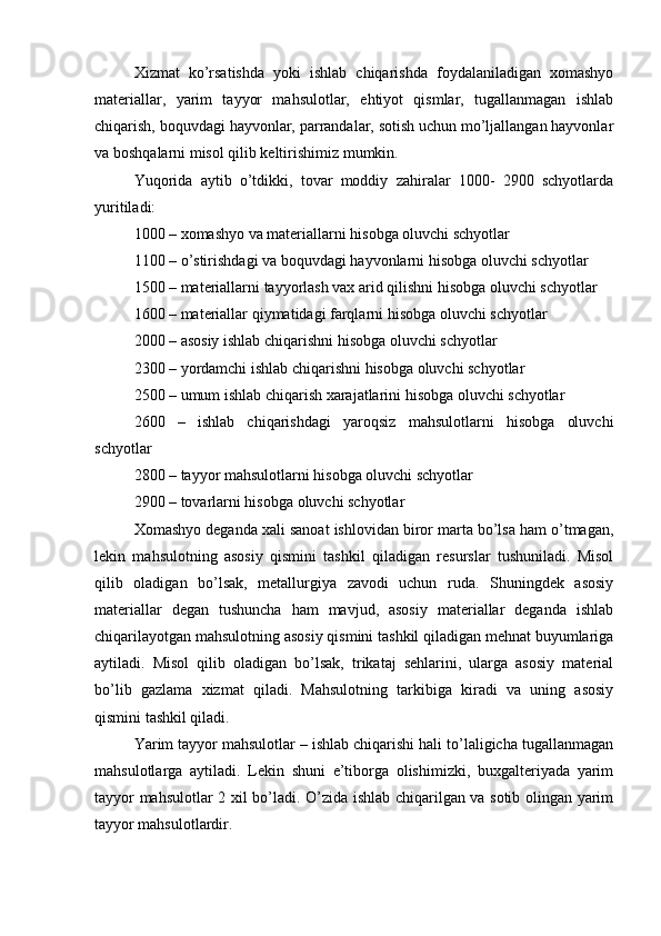 Xizmat   ko’rsatishda   yoki   ishlab   chiqarishda   foydalaniladigan   xomashyo
materiallar,   yarim   tayyor   mahsulotlar,   ehtiyot   qismlar,   tugallanmagan   ishlab
chiqarish, boquvdagi hayvonlar, parrandalar, sotish uchun mo’ljallangan hayvonlar
va boshqalarni misol qilib keltirishimiz mumkin.
Yuqorida   aytib   o’tdikki,   tovar   moddiy   zahiralar   1000-   2900   schyotlarda
yuritiladi:
1000 – xomashyo va materiallarni hisobga oluvchi schyotlar
1100 – o’stirishdagi va boquvdagi hayvonlarni hisobga oluvchi schyotlar
1500 – materiallarni tayyorlash vax arid qilishni hisobga oluvchi schyotlar
1600 – materiallar qiymatidagi farqlarni hisobga oluvchi schyotlar
2000 – asosiy ishlab chiqarishni hisobga oluvchi schyotlar
2300 – yordamchi ishlab chiqarishni hisobga oluvchi schyotlar
2500 – umum ishlab chiqarish xarajatlarini hisobga oluvchi schyotlar
2600   –   ishlab   chiqarishdagi   yaroqsiz   mahsulotlarni   hisobga   oluvchi
schyotlar
2800 – tayyor mahsulotlarni hisobga oluvchi schyotlar
2900 – tovarlarni hisobga oluvchi schyotlar
Xomashyo deganda xali sanoat ishlovidan biror marta bo’lsa ham o’tmagan,
lekin   mahsulotning   asosiy   qismini   tashkil   qiladigan   resurslar   tushuniladi.   Misol
qilib   oladigan   bo’lsak,   metallurgiya   zavodi   uchun   ruda.   Shuningdek   asosiy
materiallar   degan   tushuncha   ham   mavjud,   asosiy   materiallar   deganda   ishlab
chiqarilayotgan mahsulotning asosiy qismini tashkil qiladigan mehnat buyumlariga
aytiladi.   Misol   qilib   oladigan   bo’lsak,   trikataj   sehlarini,   ularga   asosiy   material
bo’lib   gazlama   xizmat   qiladi.   Mahsulotning   tarkibiga   kiradi   va   uning   asosiy
qismini tashkil qiladi.
Yarim tayyor mahsulotlar – ishlab chiqarishi hali to’laligicha tugallanmagan
mahsulotlarga   aytiladi.   Lekin   shuni   e’tiborga   olishimizki,   buxgalteriyada   yarim
tayyor mahsulotlar 2 xil bo’ladi. O’zida ishlab chiqarilgan va sotib olingan yarim
tayyor mahsulotlardir.