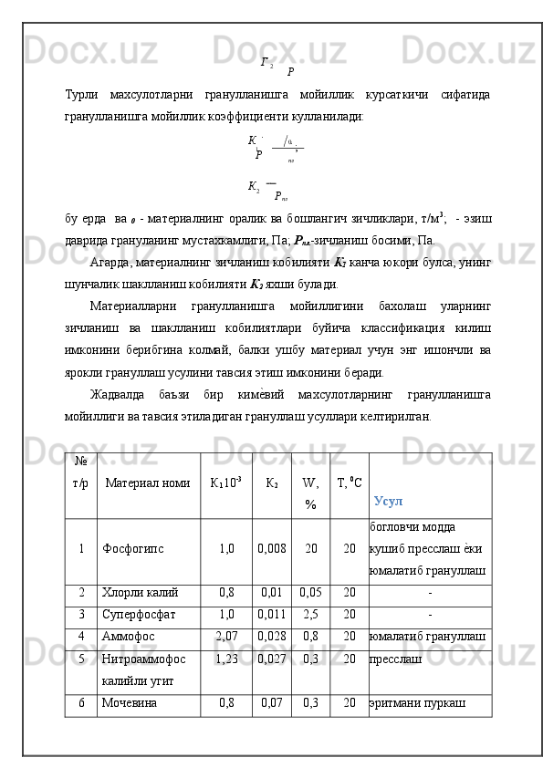  
Г  
2
Р
Турли махсулотларни гранулланишга мойиллик курсаткичи сифатида
гранулланишга мойиллик коэффициѐнти   кулланилади:
К      

1
Р
К     
            
2
Р 
0   
;
пл
пл
бу 	
ѐрда    	 ва   
0   - мат	ѐриалнинг оралик ва бошлангич зичликлари, т/м 3
;    	 - эзиш
даврида грануланинг мустахкамлиги, Па;  Р
пл -зичланиш босими, Па.
Агарда, мат	
ѐриалнинг зичланиш кобилияти  К
1   канча юкори булса, унинг
шунчалик шаклланиш кобилияти  К
2   яхши булади.
Мат	
ѐриалларни   гранулланишга   мойиллигини   бахолаш   уларнинг
зичланиш   ва   шаклланиш   кобилиятлари   буйича   классификация   килиш
имконини   б	
ѐрибгина   колмай,   балки   ушбу   мат	ѐриал   учун   энг   ишончли   ва
ярокли грануллаш усулини тавсия этиш имконини б	
ѐради.
Жадвалда   баъзи   бир   ким	
ѐ�вий   махсулотларнинг   гранулланишга
мойиллиги ва тавсия этиладиган грануллаш усуллари к	
ѐлтирилган.
№
т/р Мат	
ѐриал номи
К
1 10	 -3
К
2 W,
% T,  0
C
Усул
1 Фосфогипс 1,0 0,008 20 20 богловчи модда
кушиб пр	
ѐсслаш 	ѐ�ки 
юмалатиб грануллаш
2 Хлорли калий 0,8 0,01 0,05 20 -
3 Суп	
ѐрфосфат 1,0 0,011 2,5 20 -
4 Аммофос 2,07 0,028 0,8 20 юмалатиб грануллаш
5 Нитроаммофос
калийли угит 1,23 0,027 0,3 20 пр	
ѐсслаш
6 Моч	
ѐвина 0,8 0,07 0,3 20 эритмани пуркаш 