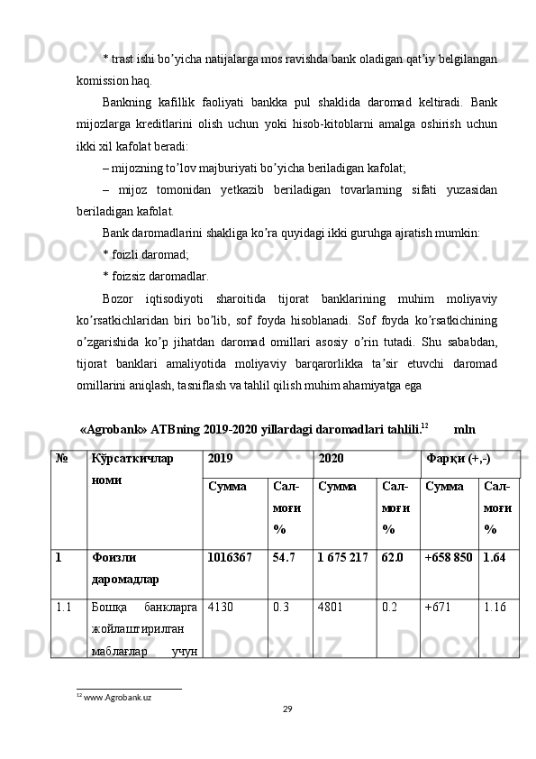 * trast ishi bo yicha natijalarga mos ravishda bank oladigan qat iy belgilanganʼ ʼ
komission haq.
Bankning   kafillik   faoliyati   bankka   pul   shaklida   daromad   keltiradi.   Bank
mijozlarga   kreditlarini   olish   uchun   yoki   hisob-kitoblarni   amalga   oshirish   uchun
ikki xil kafolat beradi:
– mijozning to lov majburiyati bo yicha beriladigan kafolat;
ʼ ʼ
–   mijoz   tomonidan   yetkazib   beriladigan   tovarlarning   sifati   yuzasidan
beriladigan kafolat.
Bank daromadlarini shakliga ko ra quyidagi ikki guruhga ajratish mumkin:	
ʼ
* foizli daromad;
* foizsiz daromadlar.
Bozor   iqtisodiyoti   sharoitida   tijorat   banklarining   muhim   moliyaviy
ko rsatkichlaridan   biri   bo lib,   sof   foyda   hisoblanadi.   Sof   foyda   ko rsatkichining	
ʼ ʼ ʼ
o zgarishida   ko p   jihatdan   daromad   omillari   asosiy   o rin   tutadi.   Shu   sababdan,
ʼ ʼ ʼ
tijorat   banklari   amaliyotida   moliyaviy   barqarorlikka   ta sir   etuvchi   daromad	
ʼ
omillarini aniqlash, tasniflash va tahlil qilish muhim ahamiyatga ega
  « Agrobank »  ATBning 2019-2020 yillardagi daromadlari tahlili. 12
        mln
№ Кўрсаткичлар
номи 2019  2020  Фарқи (+,-)
Сумма Сал -
моғи
% Сумма Сал -
моғи
% Сумма Сал -
моғи
%
1 Фоизли
даромадлар 1016367 54.7 1   675 217 62.0 +658 850 1.64
1.1 Бошқа   банкларга
жойлаштирилган
маблағлар   учун 4130 0.3 4801 0.2 + 671 1.16
12
 www.Agrobank.uz
29 