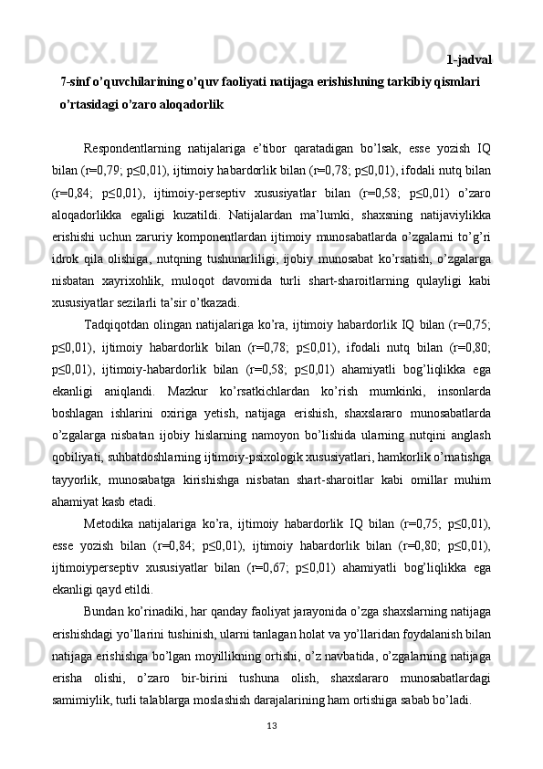 1-jadval
7-sinf o’quvchilarining o’quv faoliyati natijaga erishishning tarkibiy qismlari 
o’rtasidagi o’zaro aloqadorlik 
 
Respondentlarning   natijalariga   e’tibor   qaratadigan   bo’lsak,   esse   yozish   IQ
bilan (r=0,79; p≤0,01), ijtimoiy habardorlik bilan (r=0,78; p≤0,01), ifodali nutq bilan
(r=0,84;   p≤0,01),   ijtimoiy-perseptiv   xususiyatlar   bilan   (r=0,58;   p≤0,01)   o’zaro
aloqadorlikka   egaligi   kuzatildi.   Natijalardan   ma’lumki,   shaxsning   natijaviylikka
erishishi   uchun   zaruriy   komponentlardan   ijtimoiy   munosabatlarda   o’zgalarni   to’g’ri
idrok   qila   olishiga,   nutqning   tushunarliligi,   ijobiy   munosabat   ko’rsatish,   o’zgalarga
nisbatan   xayrixohlik,   muloqot   davomida   turli   shart-sharoitlarning   qulayligi   kabi
xususiyatlar sezilarli ta’sir o’tkazadi. 
Tadqiqotdan   olingan  natijalariga   ko’ra,   ijtimoiy   habardorlik  IQ   bilan   (r=0,75;
p≤0,01),   ijtimoiy   habardorlik   bilan   (r=0,78;   p≤0,01),   ifodali   nutq   bilan   (r=0,80;
p≤0,01),   ijtimoiy-habardorlik   bilan   (r=0,58;   p≤0,01)   ahamiyatli   bog’liqlikka   ega
ekanligi   aniqlandi.   Mazkur   ko’rsatkichlardan   ko’rish   mumkinki,   insonlarda
boshlagan   ishlarini   oxiriga   yetish,   natijaga   erishish,   shaxslararo   munosabatlarda
o’zgalarga   nisbatan   ijobiy   hislarning   namoyon   bo’lishida   ularning   nutqini   anglash
qobiliyati, suhbatdoshlarning ijtimoiy-psixologik xususiyatlari, hamkorlik o’rnatishga
tayyorlik,   munosabatga   kirishishga   nisbatan   shart-sharoitlar   kabi   omillar   muhim
ahamiyat kasb etadi. 
Metodika   natijalariga   ko’ra,   ijtimoiy   habardorlik   IQ   bilan   (r=0,75;   p≤0,01),
esse   yozish   bilan   (r=0,84;   p≤0,01),   ijtimoiy   habardorlik   bilan   (r=0,80;   p≤0,01),
ijtimoiyperseptiv   xususiyatlar   bilan   (r=0,67;   p≤0,01)   ahamiyatli   bog’liqlikka   ega
ekanligi qayd etildi. 
Bundan ko’rinadiki, har qanday faoliyat jarayonida o’zga shaxslarning natijaga
erishishdagi yo’llarini tushinish, ularni tanlagan holat va yo’llaridan foydalanish bilan
natijaga erishishga bo’lgan moyillikning ortishi, o’z navbatida, o’zgalarning natijaga
erisha   olishi,   o’zaro   bir-birini   tushuna   olish,   shaxslararo   munosabatlardagi
samimiylik, turli talablarga moslashish darajalarining ham ortishiga sabab bo’ladi. 
13  
  	 	  