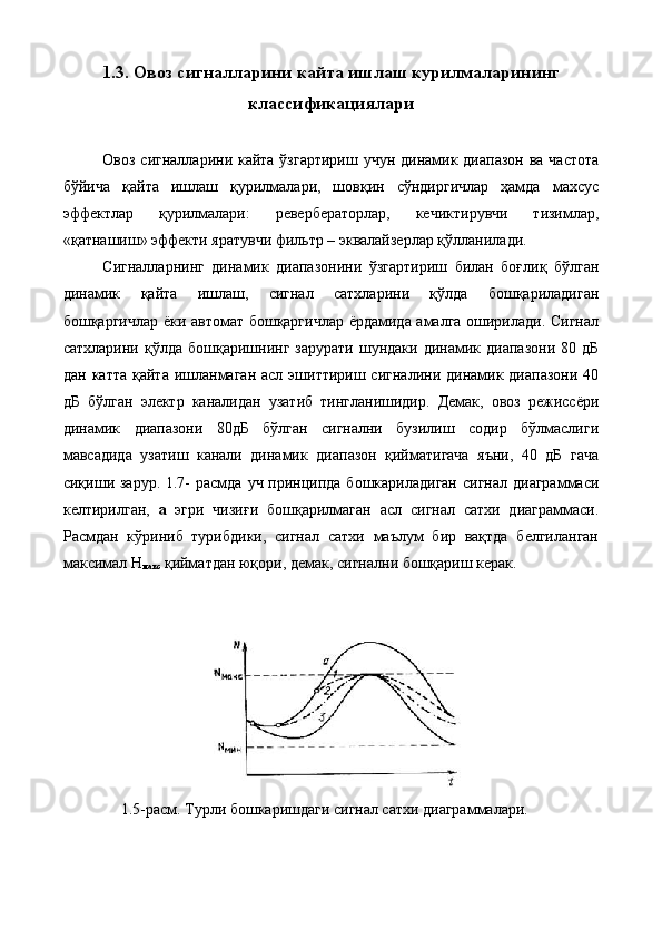 1.3.   Овоз сигналларини кайта ишлаш курилмаларининг
классификациялари
 
Овоз сигналларини кайта ўзгартириш  учун динамик диапазон ва частота
бўйича   қайта   ишлаш   қурилмалари,   шовқин   сўндиргичлар   ҳамда   махсус
эффектлар   қурилмалари:   ревербераторлар,   кечиктирувчи   тизимлар,
«қатнашиш» эффекти яратувчи фильтр – эквалайзерлар қўлланилади. 
Сигналларнинг   динамик   диапазонини   ўзгартириш   билан   боғлиқ   бўлган
динамик   қайта   ишлаш,   сигнал   сатхларини   қўлда   бошқариладиган
бошқаргичлар ёки автомат бошқаргичлар ёрдамида амалга оширилади. Сигнал
сатхларини  қўлда  бошқаришнинг  зарурати  шундаки  динамик  диапазони   80  дБ
дан  катта  қайта  ишланмаган  асл  эшиттириш сигналини  динамик диапазони  40
дБ   бўлган   электр   каналидан   узатиб   тингланишидир.   Демак,   овоз   режиссёри
динамик   диапазони   80дБ   бўлган   сигнални   бузилиш   содир   бўлмаслиги
мавсадида   узатиш   канали   динамик   диапазон   қийматигача   яъни,   40   дБ   гача
сиқиши зарур. 1.7-  расмда уч принципда бошкариладиган  сигнал  диаграммаси
келтирилган,   а   эгри   чизиғи   бошқарилмаган   асл   сигнал   сатхи   диаграммаси.
Расмдан   кўриниб   турибдики,   сигнал   сатхи   маълум   бир   вақтда   белгиланган
максимал Н
макс  қийматдан юқори, демак, сигнални бошқариш керак. 
 
 
 
1.5-расм. Турли бошкаришдаги сигнал сатхи диаграммалари. 
 
  