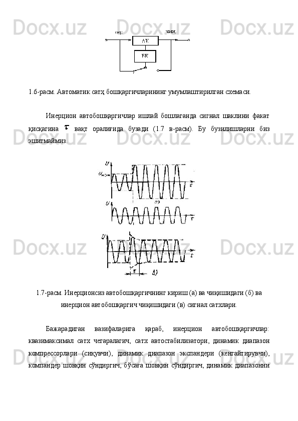  
1.6-расм. Автоматик сатҳ бошқаргичларининг умумлаштирилган схемаси. 
 
Инерцион   автобошқаргичлар   ишлай   бошлаганда   сигнал   шаклини   факат
қисқагина     вақт   оралиғида   бузади   (1.7   в-расм).   Бу   бузилишларни   биз
эшитмаймиз. 
 
 
1.7-расм. Инерционсиз автобошқаргичнинг кириш (а) ва чиқишидаги (б) ва
инерцион автобошқаргич чиқишидаги (в) сигнал сатхлари. 
 
Бажарадиган   вазифаларига   қараб,   инерцион   автобошқаргичлар:
квазимаксимал   сатх   чегаралагич,   сатх   автостабилизатори,   динамик   диапазон
компрессорлари   (сиқувчи),   динамик   диапазон   экспандери   (кенгайтирувчи),
компандер шовқин сўндиргич, бўсаға шовқин сўндиргич,  динамик диапазонни
    