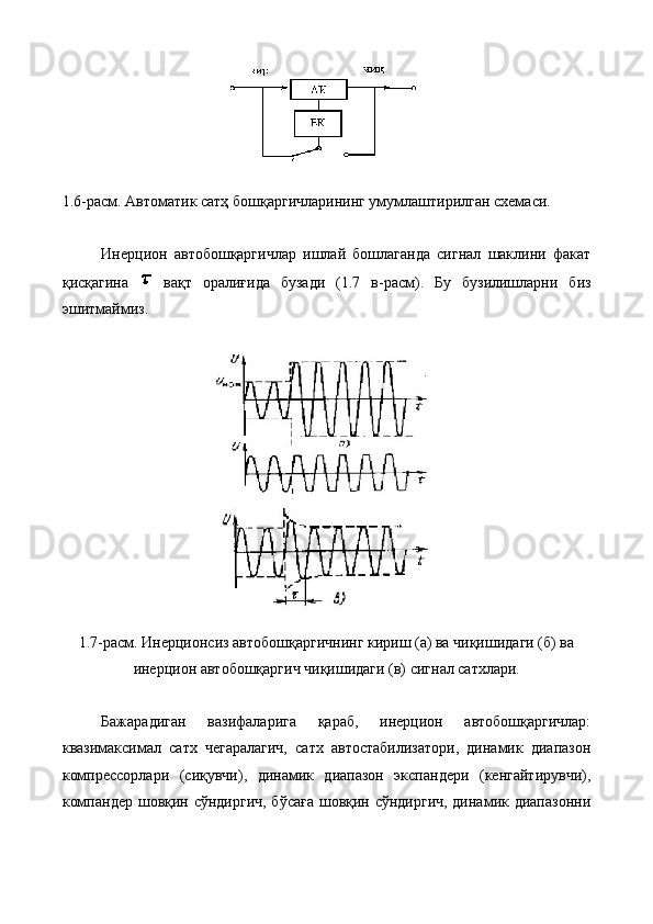 1.6-расм. Автоматик сатҳ бошқаргичларининг умумлаштирилган схемаси. 
 
Инерцион   автобошқаргичлар   ишлай   бошлаганда   сигнал   шаклини   факат
қисқагина     вақт   оралиғида   бузади   (1.7   в-расм).   Бу   бузилишларни   биз
эшитмаймиз. 
 
 
1.7-расм. Инерционсиз автобошқаргичнинг кириш (а) ва чиқишидаги (б) ва
инерцион автобошқаргич чиқишидаги (в) сигнал сатхлари. 
 
Бажарадиган   вазифаларига   қараб,   инерцион   автобошқаргичлар:
квазимаксимал   сатх   чегаралагич,   сатх   автостабилизатори,   динамик   диапазон
компрессорлари   (сиқувчи),   динамик   диапазон   экспандери   (кенгайтирувчи),
компандер шовқин сўндиргич, бўсаға шовқин сўндиргич,  динамик диапазонни