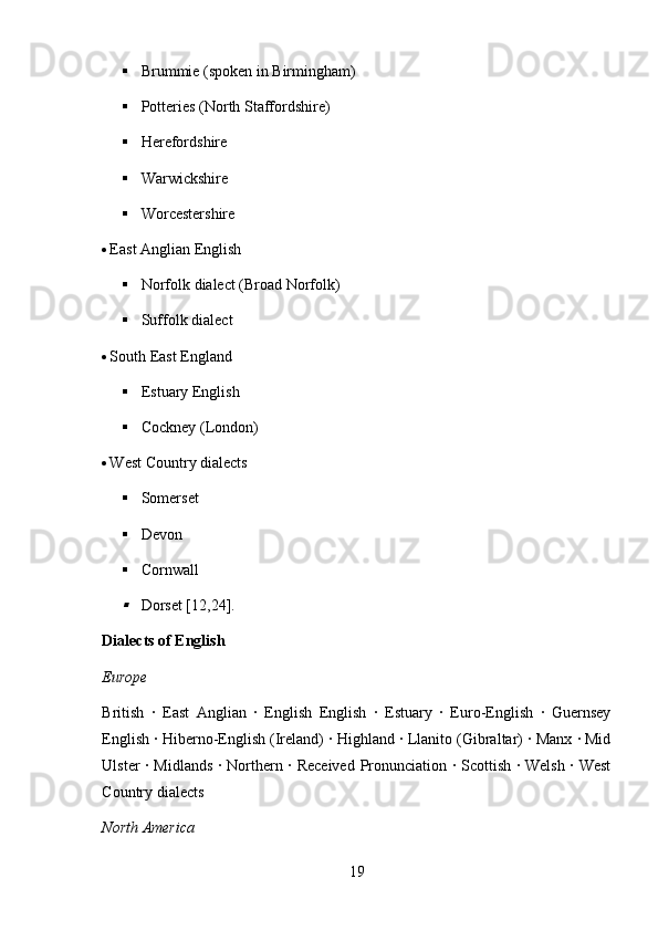 19 Brummie   (spoken   in   Birmingham)
 Potteries   (North   Staffordshire)
 Herefordshire
 Warwickshire
 Worcestershire
 East   Anglian   English
 Norfolk   dialect   (Broad   Norfolk)
 Suffolk   dialect
 South   East   England
 Estuary   English
 Cockney   (London)
 West   Country   dialects
 Somerset
 Devon
 Cornwall
Dorset [12,24].
Dialects of English  
Europe
British   ·   East   Anglian   ·   English   English   ·   Estuary   ·   Euro-English   ·   Guernsey
English · Hiberno-English (Ireland) · Highland · Llanito (Gibraltar) · Manx · Mid
Ulster · Midlands · Northern · Received Pronunciation · Scottish · Welsh · West
Country dialects
North   America 