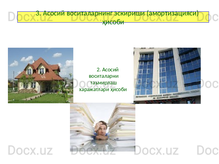 3. Асосий воситаларнинг эскириши (амортизацияси) 
ҳисоби
2. Асосий 
воситаларни 
таъмирлаш 
харажатлари ҳисоби