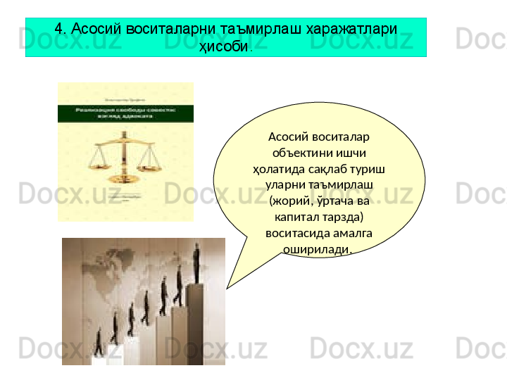 4. Асосий воситаларни таъмирлаш харажатлари 
ҳисоби .
Асосий воситалар 
объектини ишчи 
ҳолатида сақлаб туриш 
уларни таъмирлаш 
(жорий, ўртача ва 
капитал тарзда) 
воситасида амалга 
оширилади.   