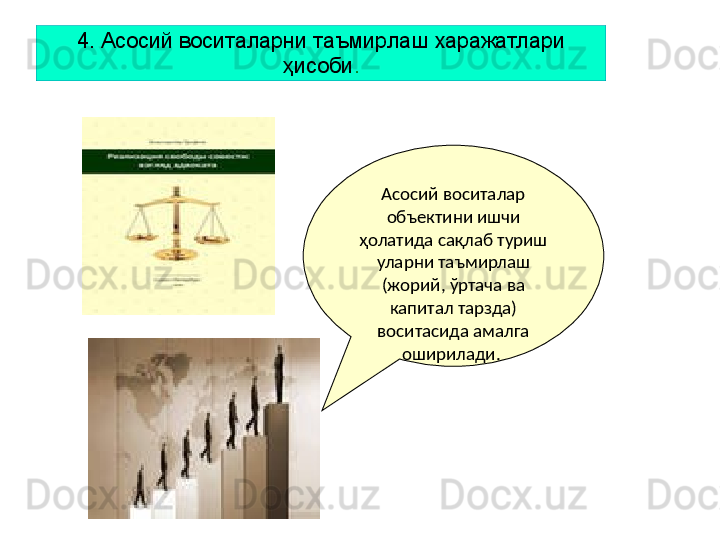 4. Асосий воситаларни таъмирлаш харажатлари 
ҳисоби .
Асосий воситалар 
объектини ишчи 
ҳолатида сақлаб туриш 
уларни таъмирлаш 
(жорий, ўртача ва 
капитал тарзда) 
воситасида амалга 
оширилади.