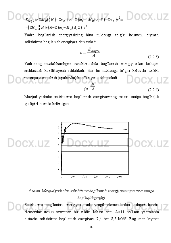 Ebog	'l=	{ZM	аt(1
1H	)−	Zm	e+(A−	Z)mn−	[M	аt(A,Z)−	Zm	e]}c2=	
=	[ZM	аt(1
1H	)+(A−	Z)mn−	M	аt(A,Z)]c2Yadro   bog‘lanish   energiyasining   bitta   nuklonga   to‘g‘ri   keluvchi   qiymati
solishtirma bog‘lanish energiyasi deb ataladi.	
ε=	
E	bog	'l	
A
                                              (2.2.3)
Yadroning   mustahkamligini   xarakterlashda   bog‘lanish   energiyasidan   tashqari
zichlashish   koeffitsiyenti   ishlatiladi.   Har   bir   nuklonga   to‘g‘ri   keluvchi   defekt
massaga zichlashish (upakovka) koeffitsiyenti deb ataladi.	
f=	
Δm
A
                                                    (2.2.4)
Mavjud   yadrolar   solishtirma   bo g‘ lanish   energiyasining   massa   soniga   bog‘li q lik
grafigi 4-rasmda keltirilgan.
4-rasm.  Mavjud yadrolar solishtirma bo g‘ lanish energiyasining massa soniga
bog‘li q lik grafigi
Solishtirma   bog‘lanish   energiyasi   juda   yengil   elementlardan   tashqari   barcha
elementlar   uchun   taxminan   bir   xildir.   Massa   soni   A>11   bo‘lgan   yadrolarda
o‘rtacha   solishtirma   bog‘lanish   energiyasi   7,4   dan   8,8   MeV.   Eng   katta   kiymat
35 