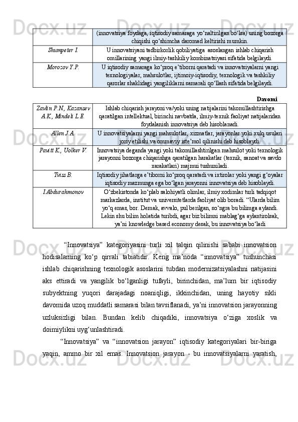 (innovatsiya foydaga, iqtisodiy samaraga yо‘naltirilgan bо‘lsa) uning bozorga
chiqishi qо‘shimcha daromad keltirishi mumkin.
Shumpeter I. U innovatsiyani tadbirkorlik qobiliyatiga  asoslangan ishlab chiqarish
omillarining yangi ilmiy-tashkiliy kombinatsiyasi sifatida belgilaydi.
Morozov Y.P. U iqtisodiy samaraga kо‘proq e’tiborni qaratadi va innovatsiyalarni yangi
texnologiyalar, mahsulotlar, ijtimoiy-iqtisodiy, texnologik va tashkiliy
qarorlar shaklidagi yangiliklarni samarali qо‘llash sifatida belgilaydi.
Davomi
Zavlin P.N., Kazansev
A.K., Mindeli L.E. Ishlab chiqarish jarayoni va/yoki uning natijalarini takomillashtirishga
qaratilgan intellektual, birinchi navbatda, ilmiy-texnik faoliyat natijalaridan
foydalanish innovatsiya deb hisoblanadi.
Allen J.A. U innovatsiyalarni yangi mahsulotlar, xizmatlar, jarayonlar yoki xulq usulari
joriy etilishi va ommaviy iste’mol qilinishi deb hisoblaydi.
Pavitt K., Uolker V. Innovatsiya deganda yangi yoki takomillashtirilgan mahsulot yoki texnologik
jarayonni bozorga chiqarishga qaratilgan harakatlar (texnik, sanoat va savdo
xarakatlari) majmui tushuniladi.
Tviss B. Iqtisodiy jihatlarga e’tiborni kо‘proq qaratadi va ixtirolar yoki yangi g‘oyalar
iqtisodiy mazmunga ega bо‘lgan jarayonni innovatsiya deb hisoblaydi.
I.Abdurahmonov О‘zbekistonda kо‘plab salohiyatli olimlar, ilmiy xodimlar turli tadqiqot
markazlarda, institut va universitetlarda faoliyat olib boradi.  “Ularda bilim
y о ‘q emas, bor. Demak, avvalo, pul berilgan, s о ‘ngra bu bilimga aylandi.
Lekin shu bilim holatida turibdi, agar biz bilimni mablag‘ga aylantirolsak,
ya’ni knowledge based economy desak, bu innovatsiya b о ‘ladi
  “Innovatsiya”   kategoriyasini   turli   xil   talqin   qilinishi   sababi   innovatsion
hodisalarning   k о ‘p   qirrali   tabiatidir.   Keng   ma’noda   “innovatsiya”   tushunchasi
ishlab   chiqarishning   texnologik   asoslarini   tubdan   modernizatsiyalashni   natijasini
aks   ettiradi   va   yangilik   b о ‘lganligi   tufayli,   birinchidan,   ma’lum   bir   iqtisodiy
subyektning   yuqori   darajadagi   noaniqligi,   ikkinchidan,   uning   hayotiy   sikli
davomida uzoq muddatli samarasi bilan tavsiflanadi, ya’ni innovatsion jarayonning
uzluksizligi   bilan.   Bundan   kelib   chiqadiki,   innovatsiya   о ‘ziga   xoslik   va
doimiylikni uyg‘unlashtiradi. 
“Innovatsiya”   va   “innovatsion   jarayon”   iqtisodiy   kategoriyalari   bir-biriga
yaqin,   ammo   bir   xil   emas.   Innovatsion   jarayon   -   bu   innovatsiyalarni   yaratish, 