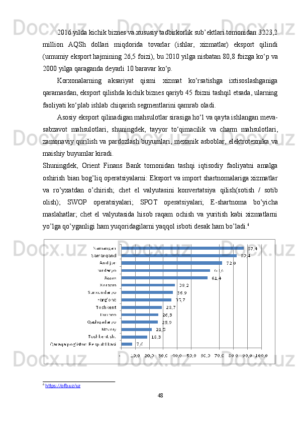 482016 yilda kichik biznes va xususiy tadbirkorlik sub’ektlari tomonidan 3223,2
million   AQSh   dollari   miqdorida   tovarlar   (ishlar,   xizmatlar)   eksport   qilindi
(umumiy   eksport   hajmining   26,5   foizi),   bu   2010   yilga   nisbatan   80,8   foizga   ko‘p   va
2000   yilga   qaraganda   deyarli   10   baravar   ko‘p.
Korxonalarning   aksariyat   qismi   xizmat   ko‘rsatishga   ixtisoslashganiga
qaramasdan, eksport qilishda kichik biznes qariyb 45 foizni tashqil etsada, ularning
faoliyati   ko‘plab ishlab chiqarish segmentlarini   qamrab oladi.
Asosiy eksport qilinadigan mahsulotlar sirasiga ho‘l va qayta ishlangan meva-
sabzavot   mahsulotlari,   shuningdek,   tayyor   to‘qimacilik   va   charm   mahsulotlari,
zamonaviy qurilish va pardozlash buyumlari, mexanik asboblar, elektrotexnika va
maishiy   buyumlar kiradi.
Shuningdek,   Orient   Finans   Bank   tomonidan   tashqi   iqtisodiy   faoliyatni   amalga
oshirish bian bog’liq operatsiyalarni: Eksport va import shartnomalariga xizmatlar
va   ro’yxatdan   o’chirish;   chet   el   valyutasini   konvertatsiya   qilish(sotish   /   sotib
olish);   SWOP   operatsiyalari;   SPOT   operatsiyalari;   E-shartnoma   bo’yicha
maslahatlar;   chet   el   valyutasida   hisob   raqam   ochish   va   yuritish   kabi   xizmatlarni
yo’lga qo’yganligi   ham   yuqoridagilarni   yaqqol   isboti desak   ham   bo’ladi. 6
6
  https://ofb.uz/uz 