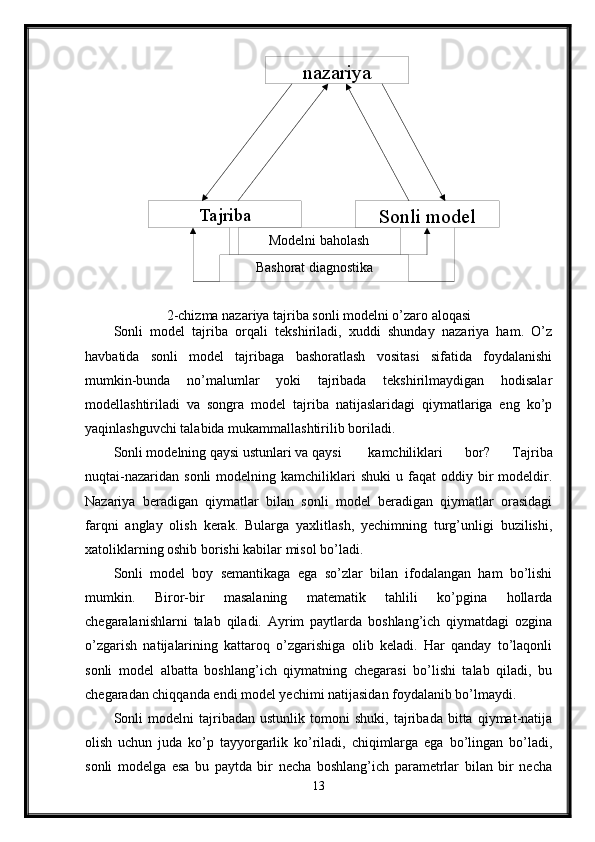Tajriba nazariya
Sonli   model
Modelni baholash
Bashorat diagnostika
2-chizma nazariya tajriba sonli modelni o’zaro aloqasi
Sonli   model   tajriba   orqali   tekshiriladi,   xuddi   shunday   nazariya   ham.   O’z
havbatida   sonli   model   tajribaga   bashoratlash   vositasi   sifatida   foydalanishi
mumkin-bunda   no’malumlar   yoki   tajribada   tekshirilmaydigan   hodisalar
modellashtiriladi   va   songra   model   tajriba   natijaslaridagi   qiymatlariga   eng   ko’p
yaqinlashguvchi talabida mukammallashtirilib boriladi.
Sonli modelning qaysi ustunlari va qaysi  kamchiliklari   bor?   Tajriba
nuqtai-nazaridan   sonli   modelning  kamchiliklari  shuki   u  faqat   oddiy  bir  modeldir.
Nazariya   beradigan   qiymatlar   bilan   sonli   model   beradigan   qiymatlar   orasidagi
farqni   anglay   olish   kerak.   Bularga   yaxlitlash,   yechimning   turg’unligi   buzilishi,
xatoliklarning oshib borishi kabilar misol bo’ladi. 
Sonli   model   boy   semantikaga   ega   so’zlar   bilan   ifodalangan   ham   bo’lishi
mumkin.   Biror-bir   masalaning   matematik   tahlili   ko’pgina   hollarda
chegaralanishlarni   talab   qiladi.   Ayrim   paytlarda   boshlang’ich   qiymatdagi   ozgina
o’zgarish   natijalarining   kattaroq   o’zgarishiga   olib   keladi.   Har   qanday   to’laqonli
sonli   model   albatta   boshlang’ich   qiymatning   chegarasi   bo’lishi   talab   qiladi,   bu
chegaradan chiqqanda endi model yechimi natijasidan foydalanib bo’lmaydi.
Sonli   modelni   tajribadan   ustunlik   tomoni   shuki,   tajribada   bitta   qiymat-natija
olish   uchun   juda   ko’p   tayyorgarlik   ko’riladi,   chiqimlarga   ega   bo’lingan   bo’ladi,
sonli   modelga   esa   bu   paytda   bir   necha   boshlang’ich   parametrlar   bilan   bir   necha
13