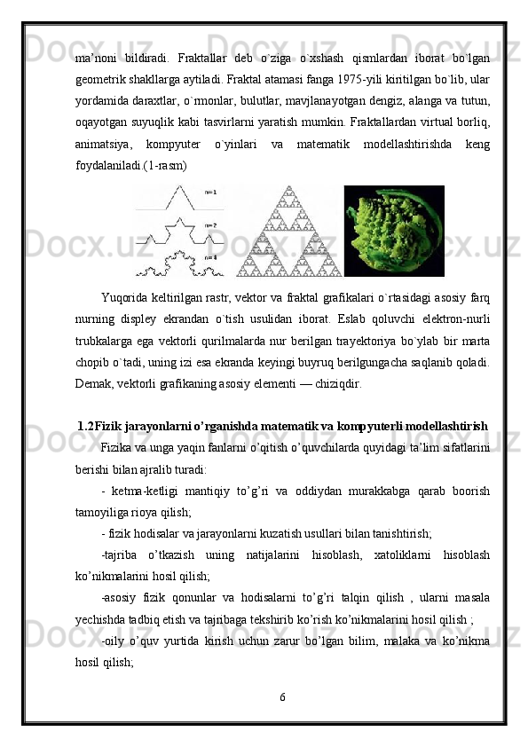 ma’noni   bildiradi.   Fraktallar   deb   o`ziga   o`xshash   qismlardan   iborat   bo`lgan
geometrik shakllarga aytiladi. Fraktal atamasi fanga 1975-yili kiritilgan bo`lib, ular
yordamida daraxtlar, o`rmonlar, bulutlar, mavjlanayotgan dengiz, alanga va tutun,
oqayotgan suyuqlik kabi tasvirlarni yaratish mumkin. Fraktallardan virtual borliq,
animatsiya,   kompyuter   o`yinlari   va   matematik   modellashtirishda   keng
foydalaniladi.(1-rasm)
Yuqorida keltirilgan rastr, vektor va fraktal grafikalari o`rtasidagi asosiy farq
nurning   displey   ekrandan   o`tish   usulidan   iborat.   Eslab   qoluvchi   elektron-nurli
trubkalarga   ega   vektorli   qurilmalarda   nur   berilgan   trayektoriya   bo`ylab   bir   marta
chopib o`tadi, uning izi esa ekranda keyingi buyruq berilgungacha saqlanib qoladi.
Demak, vektorli grafikaning asosiy elementi — chiziqdir.
1.2 Fizik jarayonlarni o’rganishda matematik va kompyuterli modellashtirish
Fizika va unga yaqin fanlarni o’qitish o’quvchilarda quyidagi ta’lim sifatlarini
berishi bilan ajralib turadi:
-   ketma-ketligi   mantiqiy   to’g’ri   va   oddiydan   murakkabga   qarab   boorish
tamoyiliga rioya qilish;
- fizik hodisalar va jarayonlarni kuzatish usullari bilan tanishtirish;
-tajriba   o’tkazish   uning   natijalarini   hisoblash,   xatoliklarni   hisoblash
ko’nikmalarini hosil qilish;
-asosiy   fizik   qonunlar   va   hodisalarni   to’g’ri   talqin   qilish   ,   ularni   masala
yechishda tadbiq etish va tajribaga tekshirib ko’rish ko’nikmalarini hosil qilish ;
-oily   o’quv   yurtida   kirish   uchun   zarur   bo’lgan   bilim,   malaka   va   ko’nikma
hosil qilish;
6