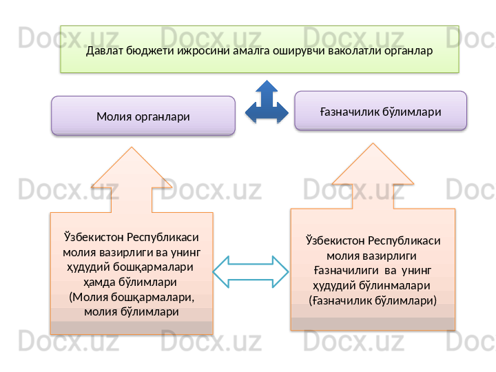 Давлат бюджети ижросини амалга оширувчи ваколатли органлар
Молия органлари Ғазначилик бўлимлари
Ўзбекистон Республикаси 
молия вазирлиги ва унинг 
ҳудудий бошқармалари  
ҳамда бўлимлари 
(Молия бошқармалари, 
молия бўлимлари Ўзбекистон Республикаси 
молия вазирлиги  
Ғазначилиги  ва  унинг 
ҳудудий бўлинмалари 
(Ғазначилик бўлимлари)       