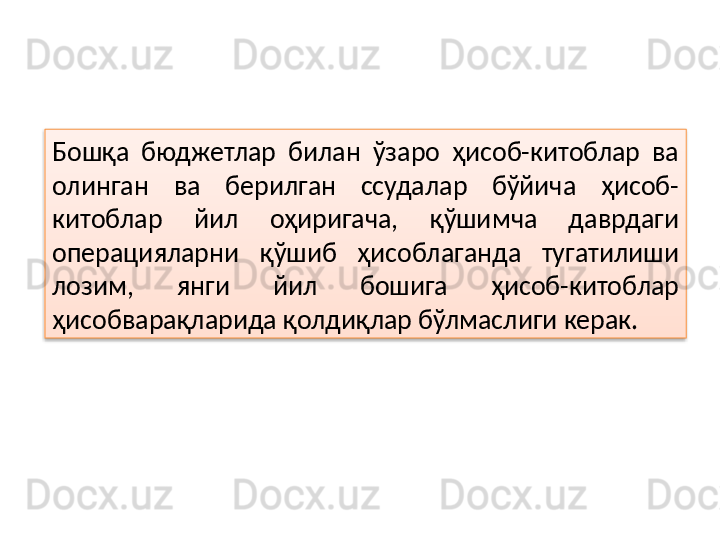 Бошқа  бюджетлар  билан  ўзаро  ҳисоб-китоблар  ва 
олинган  ва  берилган  ссудалар  бўйича  ҳисоб-
китоблар  йил  оҳиригача,  қўшимча  даврдаги 
операцияларни  қўшиб  ҳисоблаганда  тугатилиши 
лозим,  янги  йил  бошига  ҳисоб-китоблар 
ҳисобварақларида қолдиқлар бўлмаслиги керак.   