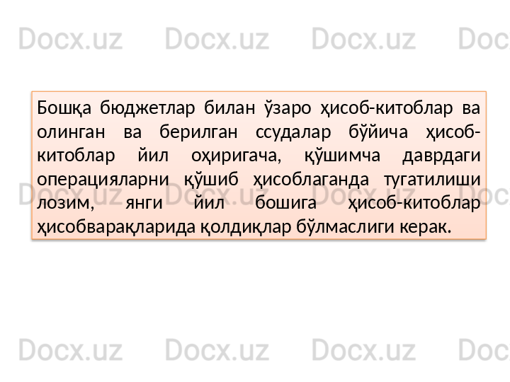 Бошқа  бюджетлар  билан  ўзаро  ҳисоб-китоблар  ва 
олинган  ва  берилган  ссудалар  бўйича  ҳисоб-
китоблар  йил  оҳиригача,  қўшимча  даврдаги 
операцияларни  қўшиб  ҳисоблаганда  тугатилиши 
лозим,  янги  йил  бошига  ҳисоб-китоблар 
ҳисобварақларида қолдиқлар бўлмаслиги керак.