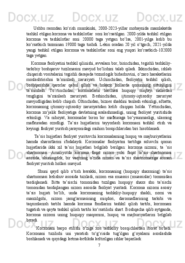         Ushbu   rasmdan   ko‘rish   mumkinki,   2000-2023-yillar   mobaynida   mamlakatda
tashkil etilgan korxona va tashkilotlar  soni ko‘rsatilgan. 2000-yilda tashkil etilgan
korxona   va   tashkilotlar   soni   20000   taga   yetgan   bo‘lsa,   2001-yilga   kelib   bu
ko‘rsatkich   taxminan   19000  taga   tushdi.   Lekin   oradan   20   yil   o‘tgach,  2021-yilda
yangi   tashkil   etilgan   korxona   va   tashkilotlar   soni   eng   yuqori   ko‘rsatkich-102000
taga yetgan.  
    Korxona faoliyatini tashkil qilinishi, avvalam bor, birinchidan, tegishli tashkiliy-
tarkibiy   boshqaruv   tuzilmasini   mavjud   bo‘lishini   talab   qiladi.   Ikkinchidan,   ishlab
chiqarish vositalarini tegishli darajada texnologik birlashuvini, o‘zaro harakatlarini
moslashtirishni   ta’minlash   zaruriyati.   Uchinchidan,   faoliyatni   tashkil   qilish,
boshqarishda   qarorlar   qabul   qilish   va   hokazo   hollarda   qonunning   ustunligini
ta’minlash.   To‘rtinchidan,   korxonalarni   barchasi   huquqiy   nuqtayi   nazardan
tengligini   ta’minlash   zaruriyati.   В eshinchidan,   ijtimoiy-iqtisodiy   zaruriyat
mavjudligidan kelib chiqish. Oltinchidan, biznes shaklini tanlash erkinligi, albatta,
korxonaning   ijtimoiy-iqtisodiy   zaruriyatidan   kelib   chiqqan   holda.   Yettinchidan,
korxona   xo‘jalik   faoliyatiga   davlatning   aralashmasligi,   uning   faoliyat   yuritishida
erkinligi.   Va   nihoyat,   korxonalar   biron   bir   mafkuraga   bo‘ysunmasligi,   ulaming
mafkuradan   ozodligi.   Ta’sis   hujjatlarini   tayyorlash   korxonani   tashkil   etish   va
keyingi faoliyat yuritish jarayonidagi muhim bosqichlaridan biri hisoblanadi. 
         Ta’sis  hujjatlari   faoliyat  yurituvchi  korxonalaming huquq  va majburiyatlarini
hamda   sharoitlarini   ifodalaydi.   Korxonalar   faoliyatini   tartibga   soluvchi   qonun
hujjatlarida   ikki   xil   ta’sis   hujjatlari   belgilab   berilgan:   korxona   nizomi;   ta   ’sis
shartnomasi.   Amaliyotda   korxona   faqat   nizom   yoki   faqat   ta’sis   shartnomasi
asosida,   shuningdek,   bir   vaqtning   o‘zida   nizom   va   ta’sis   shartnomasiga   asosan
faoliyat yuritish hollari mavjud. 
          Shuni   qayd   qilib   o‘tish   kerakki,   korxonaning   (huquqiy   shaxsning)   ta’sis
shartnomasi   kelishuv   asosida   tuziladi,  nizom   esa   muassis   (muassislar)   tomonidan
tasdiqlanadi.   Bitta   ta’sischi   tomonidan   tuzilgan   huquqiy   shaxs   shu   ta’sischi
tomonidan   tasdiqlangan   nizom   asosida   faoliyat   yuritadi.   Korxona   nizomi   asosiy
ta’sis   hujjati   bo‘lib,   unda   korxonaning   tashkiliy-huquqiy   shakli,   nomi   va
manzilgohi,   nizom   jamg‘armasining   miqdori,   daromadlarining   tarkibi   va
taqsimlanish   tartibi   hamda   korxona   fondlarini   tashkil   qilish   tartibi,   korxonani
tugatish va qayta tashkil qilish tartibi ko‘rsatilishi shart. Boshqacha qilib aytganda,
korxona   nizomi   uning   huquqiy   maqomini,   huquq   va   majburiyatlarini   belgilab
beradi. 
          Korxonani   barpo   etilishi   o‘ziga   xos   tashkiliy   bosqichlardan   iborat   bo'ladi.
Korxonani   tuzilishi   uni   yaratish   to‘g‘risida   tug‘ilgan   g‘oyalami   asoslashda
boshlanadi va quyidagi ketma-ketlikda keltirilgan ishlar bajariladi:
7 