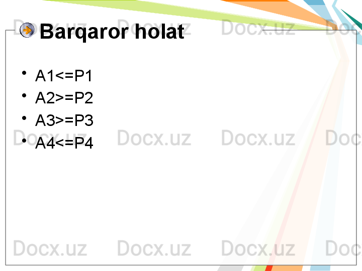 Barqaror holat
•
A1 <= P1
•
A2 >= P2
•
A3 >= P3
•
A4 <= P4   