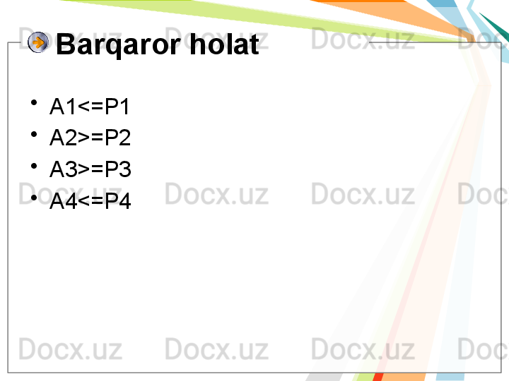Barqaror holat
•
A1 <= P1
•
A2 >= P2
•
A3 >= P3
•
A4 <= P4