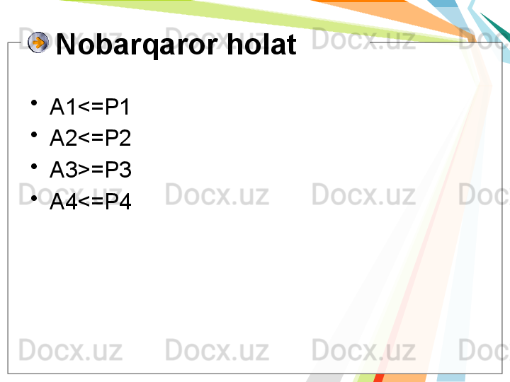 Nobarqaror holat
•
A1 <= P1
•
A2 <= P2
•
A3 >= P3
•
A4 <= P4   