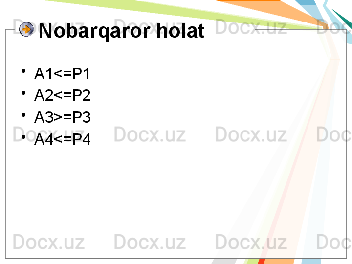 Nobarqaror holat
•
A1 <= P1
•
A2 <= P2
•
A3 >= P3
•
A4 <= P4