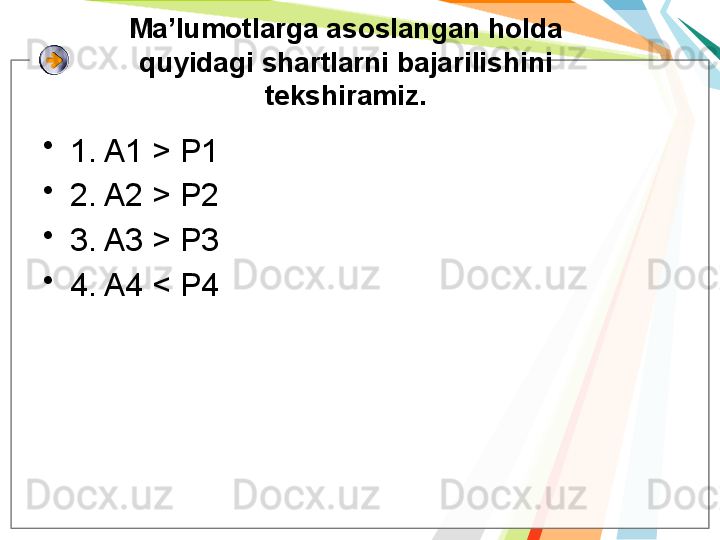 Ma’lumotlarga asoslangan holda 
quyidagi shartlarni bajarilishini 
tekshiramiz.
•
1. A1 > P1
•
2. A2 > P2
•
3. A3 > P3
•
4. A4 < P4   