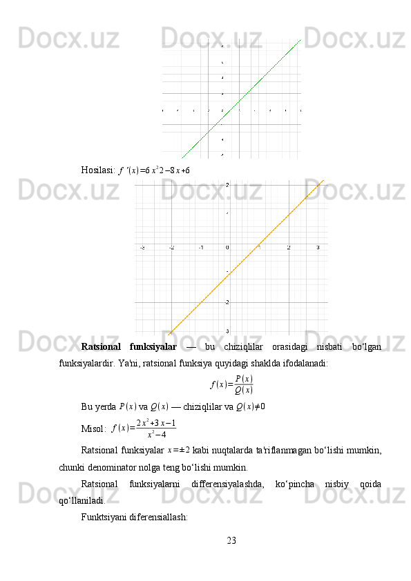 Hosilasi:   f ' ( x ) = 6 x 2
2 − 8 x + 6
Ratsional   funksiyalar   —   bu   chiziqlilar   orasidagi   nisbati   bo‘lgan
funksiyalardir. Ya'ni, ratsional funksiya quyidagi shaklda ifodalanadi:f(x)=	P(x)	
Q(x)
Bu yerda  P ( x )
 va  Q ( x )
 — chiziqlilar va  Q ( x ) ≠ 0
Misol :    	
f(x)=	2x2+3x−	1	
x2−	4
Ratsional funksiyalar  
x=±2   kabi nuqtalarda ta'riflanmagan bo‘lishi mumkin,
chunki denominator nolga teng bo‘lishi mumkin.
Ratsional   funksiyalarni   differensiyalashda,   ko‘pincha   nisbiy   qoida
qo‘llaniladi.
Funktsiyani diferensiallash:
23 