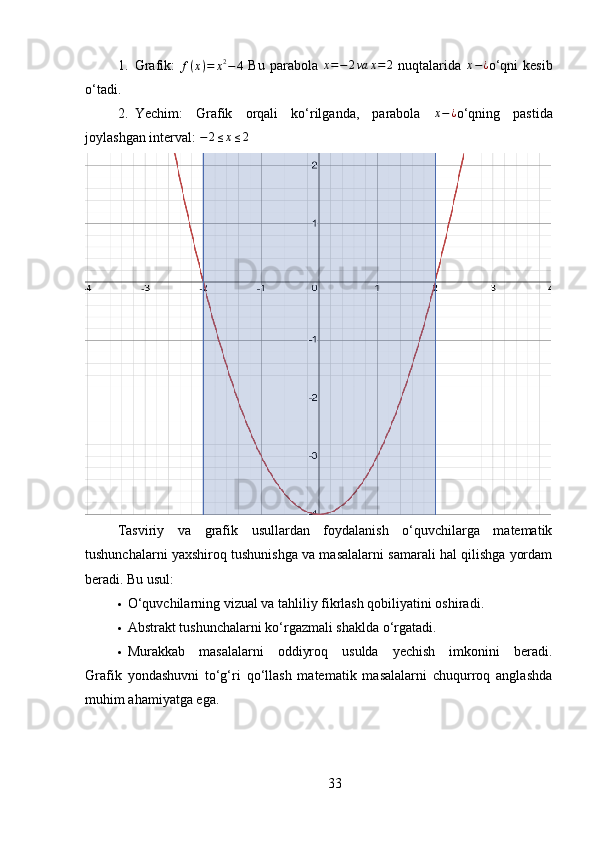 1. Grafik:   f ( x ) = x 2
− 4
  Bu   parabola  x=−2va	x=2   nuqtalarida  	x−¿ o‘qni   kesib
o‘tadi.
2. Yechim:   Grafik   orqali   ko‘rilganda,   parabola  	
x−¿ o‘qning   pastida
joylashgan interval:  − 2 ≤ x ≤ 2
Tasviriy   va   grafik   usullardan   foydalanish   o‘quvchilarga   matematik
tushunchalarni yaxshiroq tushunishga va masalalarni samarali hal qilishga yordam
beradi. Bu usul:
 O‘quvchilarning vizual va tahliliy fikrlash qobiliyatini oshiradi.
 Abstrakt tushunchalarni ko‘rgazmali shaklda o‘rgatadi.
 Murakkab   masalalarni   oddiyroq   usulda   yechish   imkonini   beradi.
Grafik   yondashuvni   to‘g‘ri   qo‘llash   matematik   masalalarni   chuqurroq   anglashda
muhim ahamiyatga ega.
33 