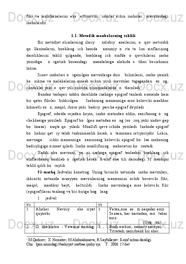 f i k r   v a   m u l o h a z a l a r i n i   a k s     e t t i r u v c h i     i s h o l a r   e r k i n   i n s h o l a r     m a v z u s i d a g i
i n s h o l a r d i r .  
1 . 1 .   M e t o d i k   m a n b a l a r n i n g   t a h l i l i
B i r   m e t o d i s t   o l i m l a r n i n g   i l m i y     u s l u b i y     a s a r l a r i n i ,   o q u v   m e t r o d i k 
q o l l a n m a l a r n i ,   b o s h l a n g i c h   h a m d a     u m u m i y   o r t a   t a l i m   s i n f l a r i n i n g	
   
d a r s l i k l a r i n i   t a h l i l   q i l g a n d a ,   b o s h l a n g i c h   s i n f d a   o q u v c h i l a r n i   i n s h o	
 
y o z i s h g a     o r g a t i s h   b o r a s i d a g i     m a s a l a l a r g a   a l o h i d a   e t i b o r   b e r i s h i m i z	
 
l o z i m .  
S i n o v   i n s h o l a r i   o r g a n i l g a n   m a v z u l a r g a   d o i r       b i l i m l a r n i ,   i n s h o   y o z i s h	

k o n i k m a   v a   m a l a k a l a r i n i   s i n a s h   u c h u n   y i r i k   m a v z u l a r   t u g a g a n d a n     s o n g ,	
 
c h o r a k l a r   y o k i   o q u v   y i l i   o x i r i d a ,   o l i m p i a d a l a r d a     o t k a z i l a d i	
  3
B u n d a n   t a s h q a r i   u s h b u   d a r s l i k d a   i n s h o g a   e p i g r a f   t a n l a s h   x u s u s i d a   h a m
b i r   q a t o r   f i k r l a r     b i l d i r i l g a n .     I n s h o n i n g   m a z m u n i g a   m o s   k e l u v c h i   m a s h h u r	

h i k m a t l i   s o z ,   m a q o l ,   i b o r a   y o k i     b a d i i y     p a r c h a   e p i g r a f   d e y i l a d i .  	
 
E p i g r a f ,   o d a t d a   r e j a d a n   k e y i n ,   i n s h o   m a t n i d a n   o l d i n ,   s a x i f a n i n g   o n g	

c h e k k a s i g a   y o z i l a d i .   E p i g r a f   b o l g a n   m a t n d a n   s o n g   ( s o r o q   y o k i   u n d o v   g a p	
  
b o l m a s a )     n u q t a   q o y i l a d i .   M u a l l i f i   q a v s   i c h i d a   y o z i l a d i .   I n s h o d a   e p i g r a f	
 
b o l i s h i n i   q a t i y   t a l a b   t u s h u n m a s l i k   k e r a k ,   u     t a m o m a n   i x t i y o r i y d i r .   L e k i n ,
 
m a v z u g a         i c h k i   m a z m u n i g a     x a m o x a n g   k e l u v c h i   e p i g r a f   b o l s a   i n s h o n i n g	

b a d i i y l i g i g a   x i z m a t   q i l a d i .   I n s h o   m u a l l i f i n i n g       m a h o r a t i n i   k o r s a t a d i .  	

X u d d i   s h u   m a v z u n i ,   y a n i   i n s h o g a   e p i g r a f   t a n l a s h n i   b o s h l a n g i c h	
 
s i n f l a r d a n o q   b o s h l a b   o r g a t i s h   k e r a k .   8 - s i n f   o n a   t i l i   d a r s i d a g i   5 1   m a s h q n i	

t a h l i l   q i l i b   k o r a y l i k .  	

5 1 - m a s h q   J a d v a l n i   k u z a t i n g .   U n i n g   b i r i n c h i   u s t u n i d a     i n s h o   m a v z u l a r i ,
i k k i n c h i   u s t u n i d a   m u a y y a n   m a v z u l a r n i n g   m a z m u n i n i   o c h i b   b e r u v c h i   f i k r ,
m a q o l ,     m a s h h u r   b a y t ,     k e l t i r i l d i .     I n s h o   m a v z u l a r g a   m o s   k e l u v c h i   f i k r
( e p i g r a f ) l a r n i   t a n l a n g   v a   b i r - b i r i g a   b o g l a n g .  	

1     j a d v a l	

t / r t / r
1 A l i s h e r   N a v o i y   s h e r i y a t	

q u y o s h i 1 V a t a n , o n a     s o z i   n a q a d a r   a z i z	
S e n s a n ,   h a r   n a r s a d a n ,   m o t a b a r	

a z i z
                                            ( U y g u n )	

2 O z b e k i s t o n     -   V a t a n i m   m e n i n g	
 2 B o s h   a s r k i m ,   n a z m i y   s a r o y n i
T i t r a t a d i   z a n i r b a n d   b i r   s h e r
3
 M.Qodirov,  X. Nematov, M.Abdurahimova, R.Sayfullayev  8-sinf uchun darsligi. 
Cho lpon nomidagi Nashriyot matbaa ijodiy uyi   T.: 2006. 17-bet 	
  