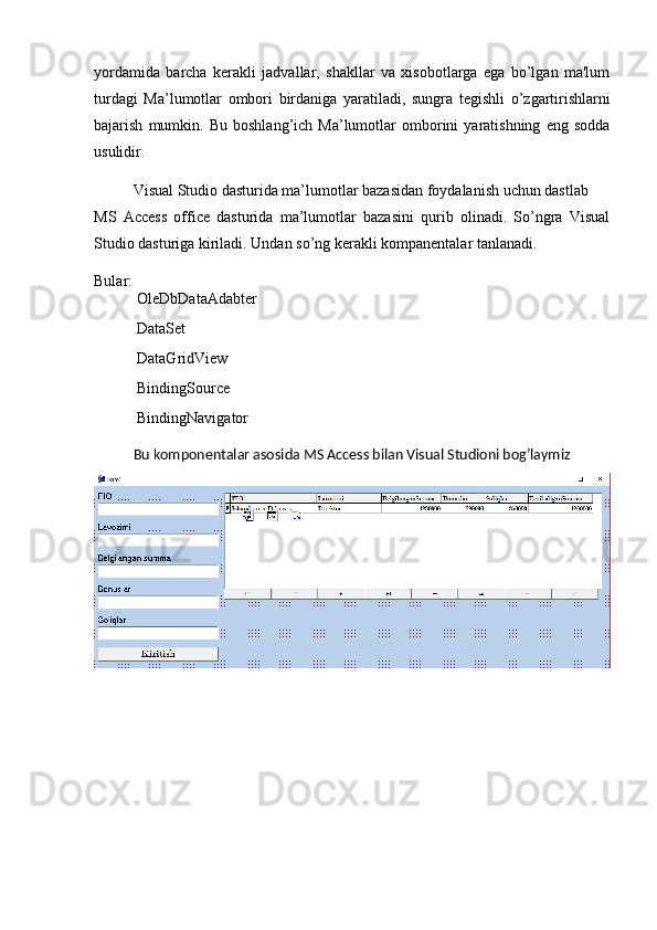 yordamida   barcha   k е rakli   jadvallar,   shakllar   va   xisobotlarga   ega   bo’lgan   ma'lum
turdagi   Ma’lumotlar   ombori   birdaniga   yaratiladi,   sungra   t е gishli   o’zgartirishlarni
bajarish   mumkin.   Bu   boshlang’ich  Ma’lumotlar   omborini   yaratishning   eng   sodda
usulidir.
Visual Studio dasturida ma’lumotlar bazasidan foydalanish uchun dastlab 
MS   Access   office   dasturida   ma’lumotlar   bazasini   qurib   olinadi.   So’ngra   Visual
Studio dasturiga kiriladi. Undan so’ng kerakli kompanentalar tanlanadi.
Bular: 
 OleDbDataAdabter 
 DataSet 
 DataGridView 
 BindingSource 
 BindingNavigator 
Bu komponentalar asosida MS Access bilan Visual Studioni bog’laymiz 