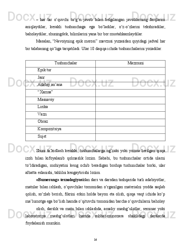 –   har   bir   o‘quvchi   to‘g‘ri   javob   bilan   belgilangan   javoblarning   farqlarini
aniqlaydilar,   kerakli   tushunchaga   ega   bo‘ladilar,   o‘z-o‘zlarini   tekshiradilar,
baholaydilar, shuningdek, bilimlarini yana bir bor mustahkamlaydilar.
Masalan, “Navoiyning epik merosi” mavzusi yuzasidan quyidagi jadval har
bir talabaning qo‘liga tarqatiladi. Ular 10 daqiqa ichida tushunchalarini yozadilar.
Tushunchalar Mazmuni
Epik tur
Janr
Adabiy an’ana
“Xamsa”
Masnaviy
Lirika
Vazn
Obraz
Kompozitsiya
Sujet
Shuni ta’kidlash kerakki, tushunchalarga og‘zaki yoki yozma berilgan qisqa
izoh   bilan   kifoyalanib   qolmaslik   lozim.   Sababi,   bu   tushunchalar   ortida   ularni
to‘ldiradigan,   mohiyatini   keng   ochib   beradigan   boshqa   tushunchalar   borki,   ular
albatta eslanishi, tahlilni kengaytirishi lozim.
«Bumerang» texnologiyasi dan dars va darsdan tashqarida turli adabiyotlar,
matnlar  bilan ishlash,  o‘quvchilar  tomonidan o‘rganilgan materialni yodda saqlab
qolish,   so‘zlab   berish,   fikrini   erkin   holda   bayon   eta   olish,   qisqa   vaqt   ichida   ko‘p
ma’lumotga ega bo‘lish hamda o‘qituvchi tomonidan barcha o‘quvchilarni baholay
olish,   darslik   va   matn   bilan   ishlashda,   amaliy   mashg‘ulotlar,   seminar   yoki
laboratoriya   mashg‘ulotlari   hamda   suhbat-munozara   shaklidagi   darslarda
foydalanish mumkin.
16 