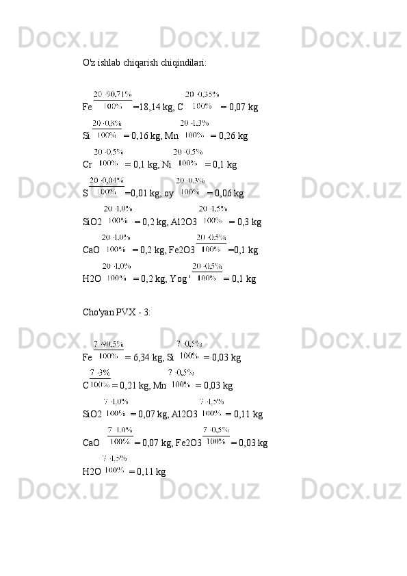 O'z ishlab chiqarish chiqindilari:
Fe =18,14 kg, C = 0,07 kg
Si = 0,16 kg, Mn = 0,26 kg
Cr = 0,1 kg, Ni = 0,1 kg
S =0,01 kg, oy = 0,06 kg
SiO2 = 0,2 kg, Al2O3 = 0,3 kg
CaO = 0,2 kg, Fe2O3 =0,1 kg
H2O = 0,2 kg, Yog ' = 0,1 kg
Cho'yan PVX - 3:
Fe = 6,34 kg, Si = 0,03 kg
C = 0,21 kg, Mn = 0,03 kg
SiO2 = 0,07 kg, Al2O3 = 0,11 kg
CaO = 0,07 kg, Fe2O3 = 0,03 kg
H2O = 0,11 kg 