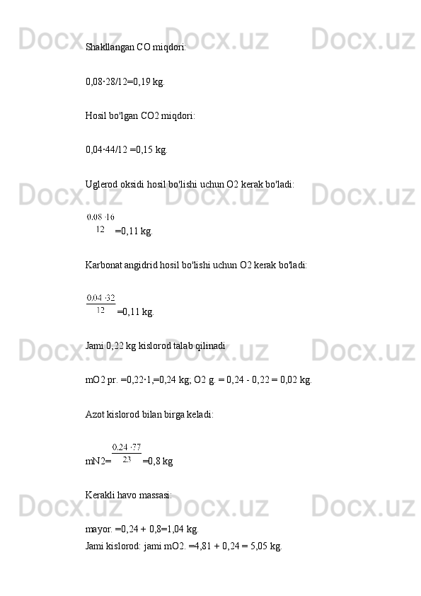 Shakllangan CO miqdori:
0,08∙28/12=0,19 kg.
Hosil bo'lgan CO2 miqdori:
0,04∙44/12 =0,15 kg.
Uglerod oksidi hosil bo'lishi uchun O2 kerak bo'ladi:
=0,11 kg.
Karbonat angidrid hosil bo'lishi uchun O2 kerak bo'ladi:
=0,11 kg.
Jami 0,22 kg kislorod talab qilinadi
mO2 pr. =0,22∙1,=0,24 kg; O2 g. = 0,24 - 0,22 = 0,02 kg.
Azot kislorod bilan birga keladi:
mN2= =0,8 kg
Kerakli havo massasi:
mayor. =0,24 + 0,8=1,04 kg.
Jami kislorod: jami mO2. =4,81 + 0,24 = 5,05 kg. 