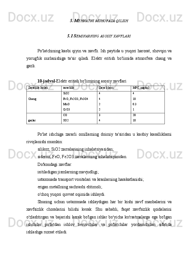 5. M EHNATNI   MUHOFAZA   QILISH
5.1 S EMINARNING   ASOSIY   XAVFLARI
Po'latchining kasbi qiyin va xavfli. Ish paytida u yuqori harorat, shovqin va
yorug'lik   nurlanishiga   ta'sir   qiladi.   Elektr   eritish   bo'limida   atmosfera   chang   va
gazli.
10-jadval - Elektr eritish bo'limining asosiy xavflari
Zararlilik holati zararlilik Zarar klassi MPC, mg/m3
Chang SiO2
FeO, Fe2O3, Fe3O4
MnO
CrO3 4
4
2
2 4
10
0.3
1
gazlar CO
SO2 3
4 20
10
Po'lat   ishchiga   zararli   omillarning   doimiy   ta'siridan   u   kasbiy   kasalliklarni
rivojlanishi mumkin:
silikoz, SiO2 zarralarining inhalatsiyasidan;
sideroz, FeO, Fe2O3 zarralarining inhalatsiyasidan.
Do'kondagi xavflar:
isitiladigan jismlarning mavjudligi;
ustaxonada transport vositalari va kranlarning harakatlanishi;
erigan metallning sachrashi ehtimoli;
o'choq yuqori quvvat oqimida ishlaydi.
Shuning   uchun   ustaxonada   ishlaydigan   har   bir   kishi   xavf   manbalarini   va
xavfsizlik   choralarini   bilishi   kerak.   Shu   sababli,   faqat   xavfsizlik   qoidalarini
o'zlashtirgan va bajarishi  kerak bo'lgan ishlar  bo'yicha ko'rsatmalarga ega bo'lgan
ishchilar   po'latdan   ishlov   beruvchilar   va   po'latchilar   yordamchilari   sifatida
ishlashga ruxsat etiladi. 