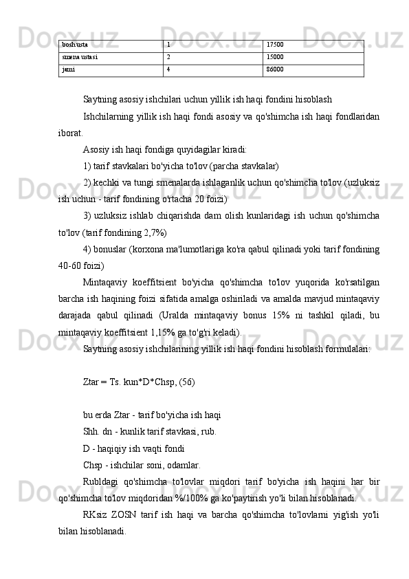 bosh usta 1 17500
smena ustasi 2 15000
jami 4 86000
Saytning asosiy ishchilari uchun yillik ish haqi fondini hisoblash
Ishchilarning yillik ish haqi fondi asosiy va qo'shimcha ish haqi fondlaridan
iborat.
Asosiy ish haqi fondiga quyidagilar kiradi:
1) tarif stavkalari bo'yicha to'lov (parcha stavkalar)
2) kechki va tungi smenalarda ishlaganlik uchun qo'shimcha to'lov (uzluksiz
ish uchun - tarif fondining o'rtacha 20 foizi)
3)   uzluksiz   ishlab   chiqarishda   dam   olish   kunlaridagi   ish   uchun   qo'shimcha
to'lov (tarif fondining 2,7%)
4) bonuslar (korxona ma'lumotlariga ko'ra qabul qilinadi yoki tarif fondining
40-60 foizi)
Mintaqaviy   koeffitsient   bo'yicha   qo'shimcha   to'lov   yuqorida   ko'rsatilgan
barcha ish haqining foizi sifatida amalga oshiriladi va amalda mavjud mintaqaviy
darajada   qabul   qilinadi   (Uralda   mintaqaviy   bonus   15%   ni   tashkil   qiladi,   bu
mintaqaviy koeffitsient 1,15% ga to'g'ri keladi).
Saytning asosiy ishchilarining yillik ish haqi fondini hisoblash formulalari:
Ztar = Ts. kun*D*Chsp, (56)
bu erda Ztar - tarif bo'yicha ish haqi
Shh. dn - kunlik tarif stavkasi, rub.
D - haqiqiy ish vaqti fondi
Chsp - ishchilar soni, odamlar.
Rubldagi   qo'shimcha   to'lovlar   miqdori   tarif   bo'yicha   ish   haqini   har   bir
qo'shimcha to'lov miqdoridan %/100% ga ko'paytirish yo'li bilan hisoblanadi.
RKsiz   ZOSN   tarif   ish   haqi   va   barcha   qo'shimcha   to'lovlarni   yig'ish   yo'li
bilan hisoblanadi. 