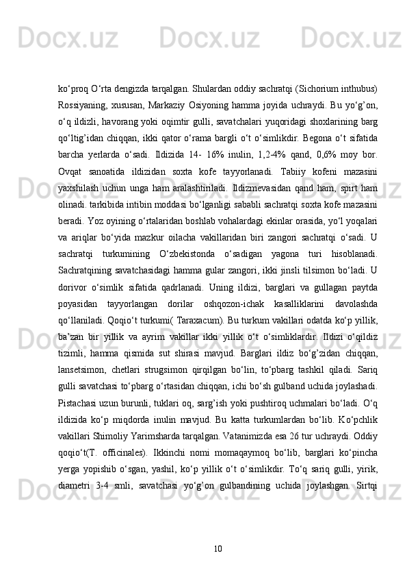 ko‘proq O‘rta dengizda tarqalgan. Shulardan oddiy sachratqi (Sichorium inthubus)
Rossiyaning,   xususan,   Markaziy   Osiyoning   hamma   joyida   uchraydi.   Bu   yo‘g’on,
o‘q ildizli, havorang yoki oqimtir  gulli, savatchalari  yuqoridagi  shoxlarining barg
qo‘ltig’idan  chiqqan,  ikki   qator   o‘rama  bargli   o‘t  o‘simlikdir.  Begona  o‘t   sifatida
barcha   yerlarda   o‘sadi.   Ildizida   14-   16%   inulin,   1,2-4%   qand,   0,6%   moy   bor.
Ovqat   sanoatida   ildizidan   soxta   kofe   tayyorlanadi.   Tabiiy   kofeni   mazasini
yaxshilash   uchun   unga   ham   aralashtiriladi.   Ildizmevasidan   qand   ham,   spirt   ham
olinadi. tarkibida intibin moddasi bo‘lganligi sababli sachratqi soxta kofe mazasini
beradi. Yoz oyining o‘rtalaridan boshlab vohalardagi ekinlar orasida, yo‘l yoqalari
va   ariqlar   bo‘yida   mazkur   oilacha   vakillaridan   biri   zangori   sachratqi   o‘sadi.   U
sachratqi   turkumining   O‘zbekistonda   o‘sadigan   yagona   turi   hisoblanadi.
Sachratqining savatchasidagi  hamma gular  zangori, ikki  jinsli  tilsimon bo‘ladi. U
dorivor   o‘simlik   sifatida   qadrlanadi.   Uning   ildizi,   barglari   va   gullagan   paytda
poyasidan   tayyorlangan   dorilar   oshqozon-ichak   kasalliklarini   davolashda
qo‘llaniladi. Qoqio‘t turkumi( Taraxacum). Bu turkum vakillari odatda ko‘p yillik,
ba’zan   bir   yillik   va   ayrim   vakillar   ikki   yillik   o‘t   o‘simliklardir.   Ildizi   o‘qildiz
tizimli,   hamma   qismida   sut   shirasi   mavjud.   Barglari   ildiz   bo‘g’zidan   chiqqan,
lansetsimon,   chetlari   strugsimon   qirqilgan   bo‘lin,   to‘pbarg   tashkil   qiladi.   Sariq
gulli savatchasi to‘pbarg o‘rtasidan chiqqan, ichi bo‘sh gulband uchida joylashadi.
Pistachasi uzun burunli, tuklari oq, sarg’ish yoki pushtiroq uchmalari bo‘ladi. O‘q
ildizida   ko‘p   miqdorda   inulin   mavjud.   Bu   katta   turkumlardan   bo‘lib.   Ko‘pchlik
vakillari Shimoliy Yarimsharda tarqalgan. Vatanimizda esa 26 tur uchraydi. Oddiy
qoqio‘t(T.   officinales).   Ikkinchi   nomi   momaqaymoq   bo‘lib,   barglari   ko‘pincha
yerga   yopishib   o‘sgan,   yashil,   ko‘p   yillik   o‘t   o‘simlikdir.   To‘q   sariq   gulli,   yirik,
diametri   3-4   smli,   savatchasi   yo‘g’on   gulbandining   uchida   joylashgan.   Sirtqi
10 