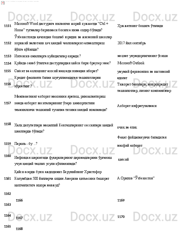 1151 Microsoft   Word   дастурига   юкланган   жорий   ҳужжатда   “Ctrl   + 
Home” тугмалар бирикмаси босилса нима содир бўлади? Ҳужжатнинг   бошига   ўтилади
Ўзбекистонда   қачондан   бошлаб   юридик   ва   жисмоний  шахслар
1152 хорижий   валютани   ҳеч   қандай   чекловларсиз   алмаштириш 
йўлга қўйилди? 2017   йил   сентябрь
1153 Интенсив   омилларга   қуйидагилар   киради.? меҳнат   унумдорлигининг   ўсиши
1154 Қуйида   санаб   ўтилган   дастурлардан   қайси   бири   браузер   эмас? Microsoft   Outlook
1155 Сиёсат ва ахлоқнинг асосий мақсади нимадан иборат? 
Кредит   фаолияти   билан   шуғулланадиган   ташилотларни
1156
кўрсатинг.?
Мамлакатнинг   ахборот   маконини   яратиш,  ривожлантириш
1 157 хамда ахборот воситаларининг ўзаро ҳамкорлигини 
таъминловчи   ташкилий   тузилма   тизими   кандай   номланади? умумий   фаровонлик   ва   ижтимоий 
адолат
Тижорат банклари, микрокредит 
ташкилотлар,   лизинг   компаниялар
Ахборот   инфратузилмаси
1158
Халқ   депутатлари   маҳаллий   Кенгашларнинг   сессиялари   қандай
шаклларда бўлади? очиқ   ва   ёпиқ
Фақат   фойдаланувчи  биладиган
1159 Пароль   -   бу   ...?
махфий   ахборот
1160
Инфляция   шароитида   фуқароларнинг   даромадларини   ўрганиш
учун қандай таҳлил усули қўлланилади?
Қайси   асарда   буюк   аждодимиз   Берунийнинг   Христофор қиёсий
1 161 Колумбдан   500   йилларча   олдин   Америка   қитъасини   башорат
қилганлигига ишора мавжуд? А.Орипов   “Ўзбекистон”
1162
1163
1164
1165 1166
1167
1168 1169
1170  