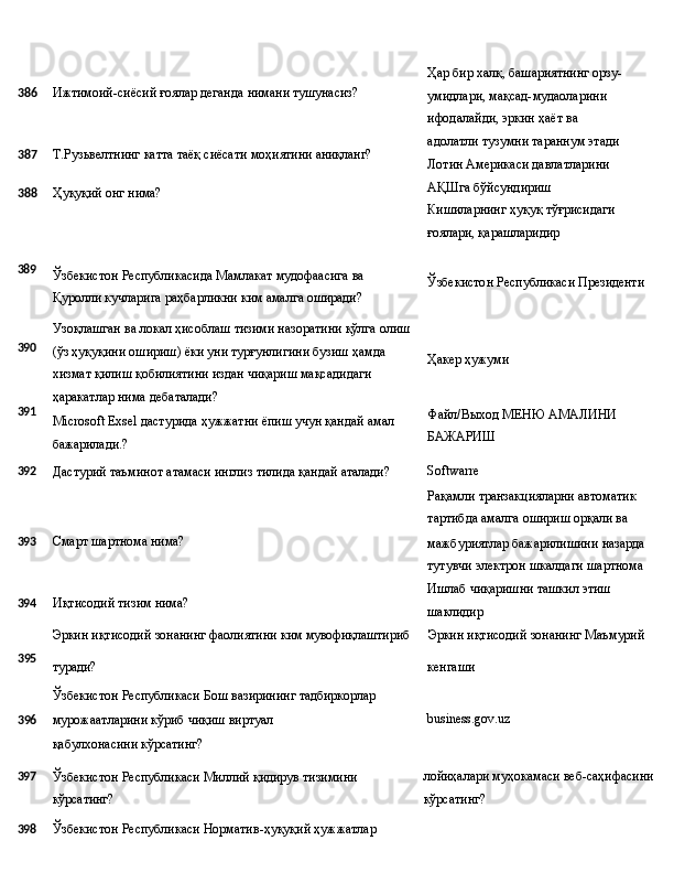 386 Ижтимоий-сиёсий   ғоялар   деганда   нимани   тушунасиз?
387 Т.Рузьвелтнинг   катта   таёқ   сиёсати   моҳиятини   аниқланг?
388 Ҳуқуқий   онг   нима? Ҳар бир халқ, башариятнинг орзу-
умидлари, мақсад-мудаоларини 
ифодалайди,   эркин   ҳаёт   ва  
адолатли тузумни тараннум этади
Лотин Америкаси давлатларини 
АҚШга бўйсундириш 
Кишиларнинг   ҳуқуқ   тўғрисидаги
ғоялари, қарашларидир
389
390
391 Ўзбекистон   Республикасида   Мамлакат   мудофаасига   ва 
Қуролли   кучларига   раҳбарликни   ким   амалга   оширади?
Узоқлашган   ва   локал   ҳисоблаш   тизими   назоратини   қўлга   олиш
(ўз ҳуқуқини ошириш) ёки уни турғунлигини бузиш ҳамда 
хизмат қилиш қобилиятини издан чиқариш мақсадидаги 
ҳаракатлар нима дебаталади?
Microsoft   Exsel   дастурида   ҳужжатни   ёпиш   учун   қандай   амал 
бажарилади.? Ўзбекистон   Республикаси   Президенти
Ҳакер   ҳужуми
Файл/Выход   МЕНЮ   АМАЛИНИ 
БАЖАРИШ
392
Дастурий   таъминот   атамаси инглиз   тилида   қандай   аталади? Softwarre
Рақамли   транзакцияларни   автоматик 
тартибда амалга ошириш орқали ва
393 Смарт   шартнома   нима?
394 Иқтисодий   тизим   нима? мажбуриятлар   бажарилишини   назарда 
тутувчи   электрон   шкалдаги   шартнома 
Ишлаб чиқаришни ташкил этиш 
шаклидир
Эркин   иқтисодий   зонанинг   фаолиятини   ким   мувофиқлаштириб Эркин   иқтисодий   зонанинг   Маъмурий
3
95
туради? кенгаши
Ўзбекистон   Республикаси   Бош   вазирининг   тадбиркорлар
3 96 мурожаатларини   кўриб   чиқиш   виртуал  
қабулхонасини 
кўрсатинг? business.gov.uz
397
398 Ўзбекистон   Республикаси   Миллий   қидирув   тизимини 
кўрсатинг?
Ўзбекистон   Республикаси   Норматив-ҳуқуқий   ҳужжатлар лойиҳалари муҳокамаси веб-саҳифасини
кўрсатинг? 