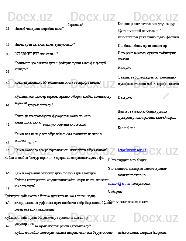 36 Ишлаб   чиқариш   жараёни   нима? берилган? Кишиларнинг истеъмоли учун зарур 
бўлган моддий ва маънавий 
неъматларни   режалаштирувчи   фаолият
37 Ишчи   кучи деганда   нима   тушунилади?
38 INTERNET   FTP   хизмати…?
Компьютерда   сақланадиган   фойдаланувчи   тавсифи   қандай
39 аталади?
40 Конституциянинг   65-моддасида   нима   эътироф   этилган?
Кўпгина   компьютер   тармоқларидан   иборат   глобал   компьютер
41 тармоғи
  қандай   аталади?
Кучли   давлатдан-кучли   фуқаролик   жамияти   сари
42 концепциясининг
  мазмуни   нимани   англатади?
Қайси   ғоя   мазмунига   кўра   иймон-эътиқоднинг   негизини
43 ташкил
 этади? Иш   билан бандлар   ва   ишсизлар
Интернет   тармоғи   орқали   файлларни 
узатиш
Аккаунт
Оналик ва болалик давлат томонидан 
муҳофаза   этилади   деб   эътироф   этилган
Интернет
Давлат ва жамият бошқарувида 
фуқаролар   иштирокини   кенгайтириш
Бадиий   ғоя
44 Қайси   жавобда   веб   ресурснинг   манзили   тўғри   кўрсатилган? https://www.gov.uz   
Қайси   жавобда   Темур тарихи   -   Зафарнома   асарининг  муаллифи
45
46 Қайси жараённи олимлар цивилизация деб аташади? 
Қуйида   келтирилган   ёзувларнинг   қайси   бири   почта   манзили
47 ҳисобланади?
Қуйидаги   қайси   атама   ўзгача   дунёқараш,   ҳаёт тарзи,   хулқ-
48 атвор,   аҳлоқ   ва   урф   одатларга   нисбатан   сабр-бардошли   бўлиш
деган маънони англатади?
Қуйидаги   қайси   ранг   Ҳаракатлар   стратегиясида   қонун
49 устуворлиги
  ва   ор-номуслик   рамзи  ҳисобланади? Шарафиддин   Али   Яздий
Энг   қадимги   шаҳар   ва   давлатларнинг 
ташкил топишини
alimov@aci.uz   Толерантлик
Сиёҳранг
Ходим   вақтинча   меҳнатга
Қуйидаги   қайси   ҳолларда   меҳнат   шартномаси   иш   берувчининг лаёқатсизлик   даврида   (корхона  
